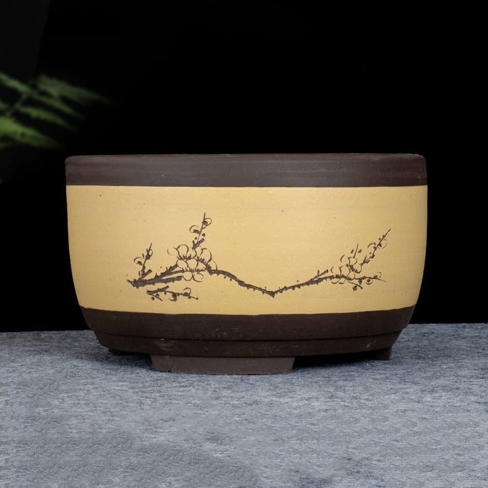 Round Purple Sand Ceramic Flower Pot for Succulents & Bonsai Plants - Chinese Style Handcrafted Planter with Drainage Hole - Perfect for Home Decor, Office Desk, and Garden Display