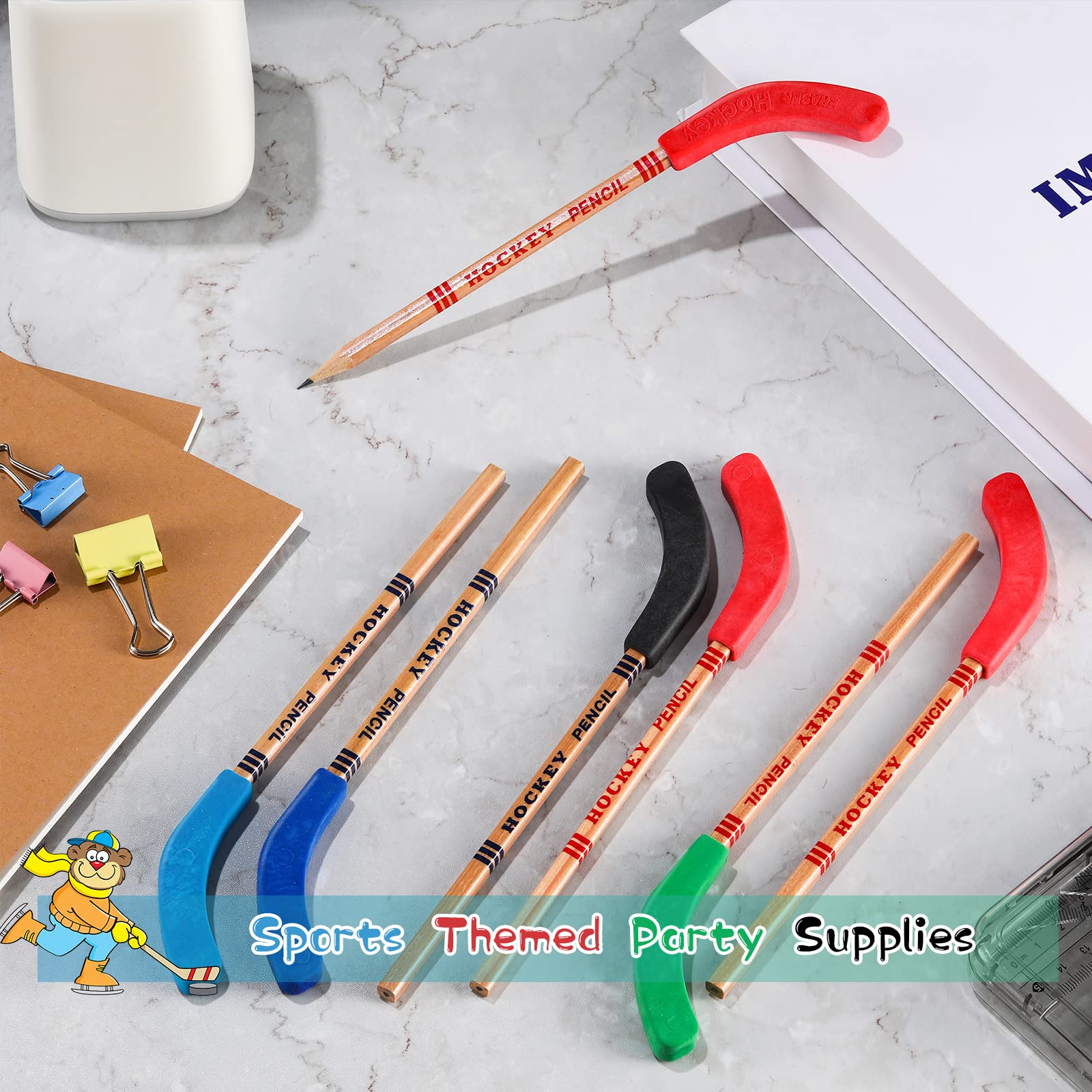 Geyee 18-Piece Hockey-Themed Pencil Set with Erasers - Sports Party Favors, Student Rewards & Fan Decorations (8.66 Inch) - Perfect for Hockey Parties, School Incentives & Sports-Themed Gifts