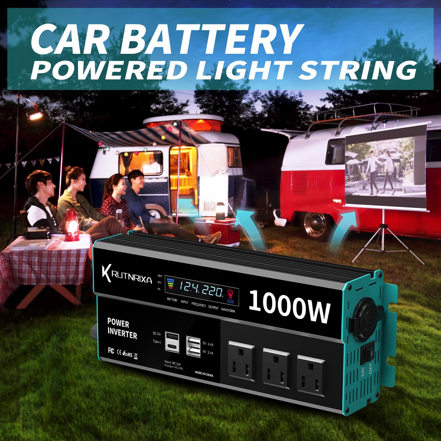 1000W Power Inverter 12V DC to 110V AC Car Converter with USB-C/PD 25W Fast Charging & Cigarette Lighter Port - Modified Sine Wave for Road Trips, Camping & Emergency Power Backup