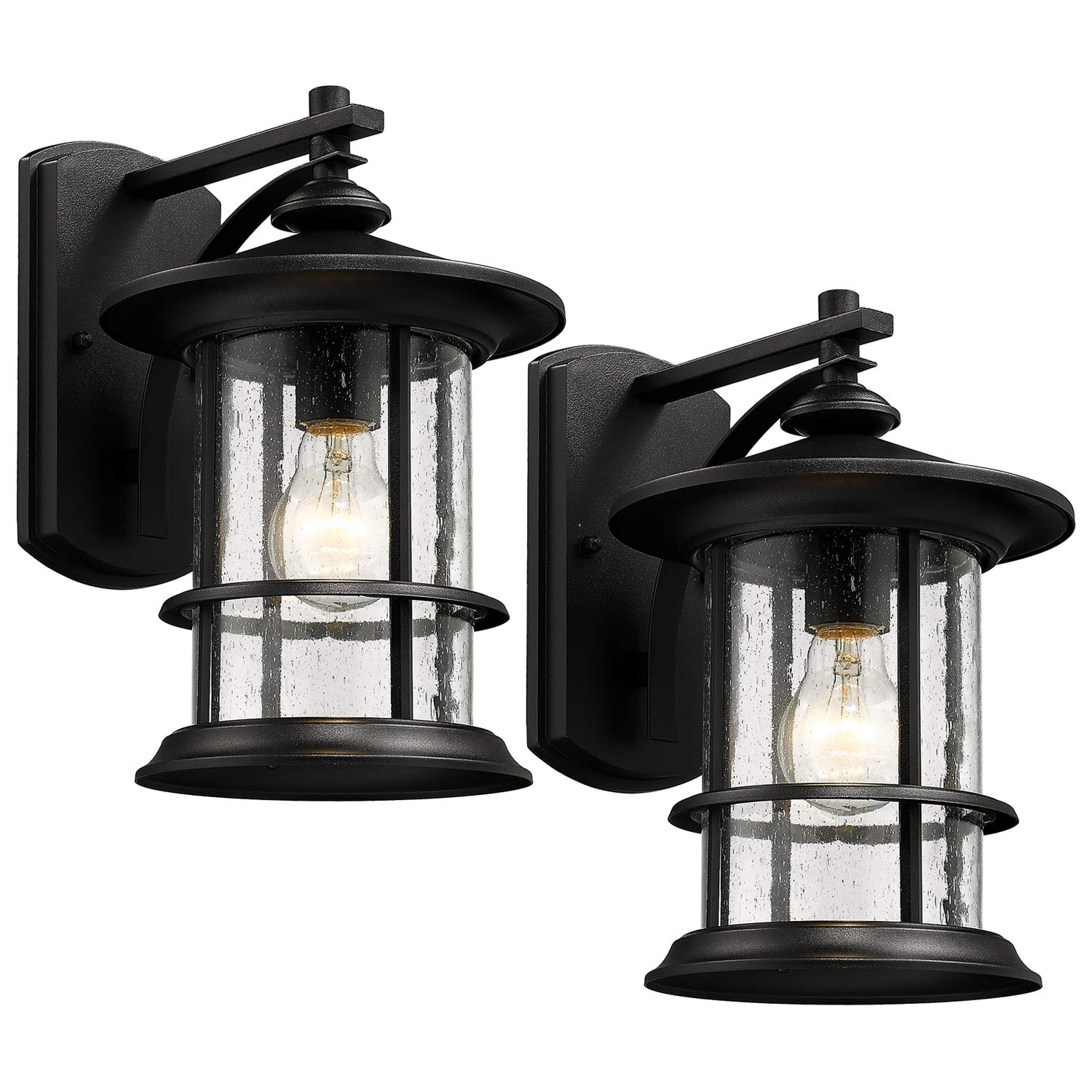 MICSIU Textured Black Outdoor Wall Light 2 Pack - Clear Seedy Glass Large Exterior Porch Lantern (12.5 Inch) - Weatherproof House Lighting for Front Door, Backyard, Garden & Patio - Perfect for Evening Ambiance & Home Security