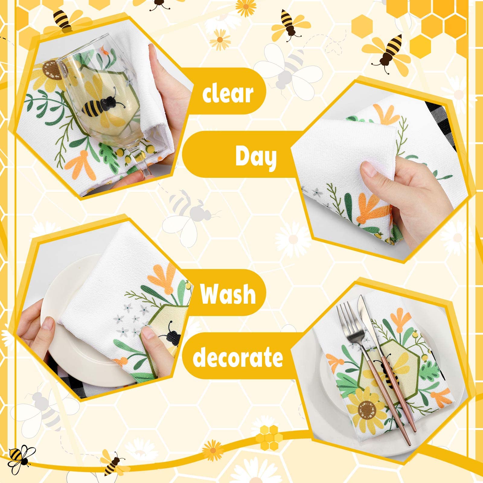 Oudain 6-Pack Honey Bee Kitchen Towels - 15.8x23.6 Inch Absorbent Dish Cloths & Tea Towels - Cute Bee-Themed Home Decor for Kitchen, Bathroom - Perfect Housewarming Gift for Bee Lovers (Use for Drying Dishes, Decorating Farmhouse Kitchen, Hostess Gifts)