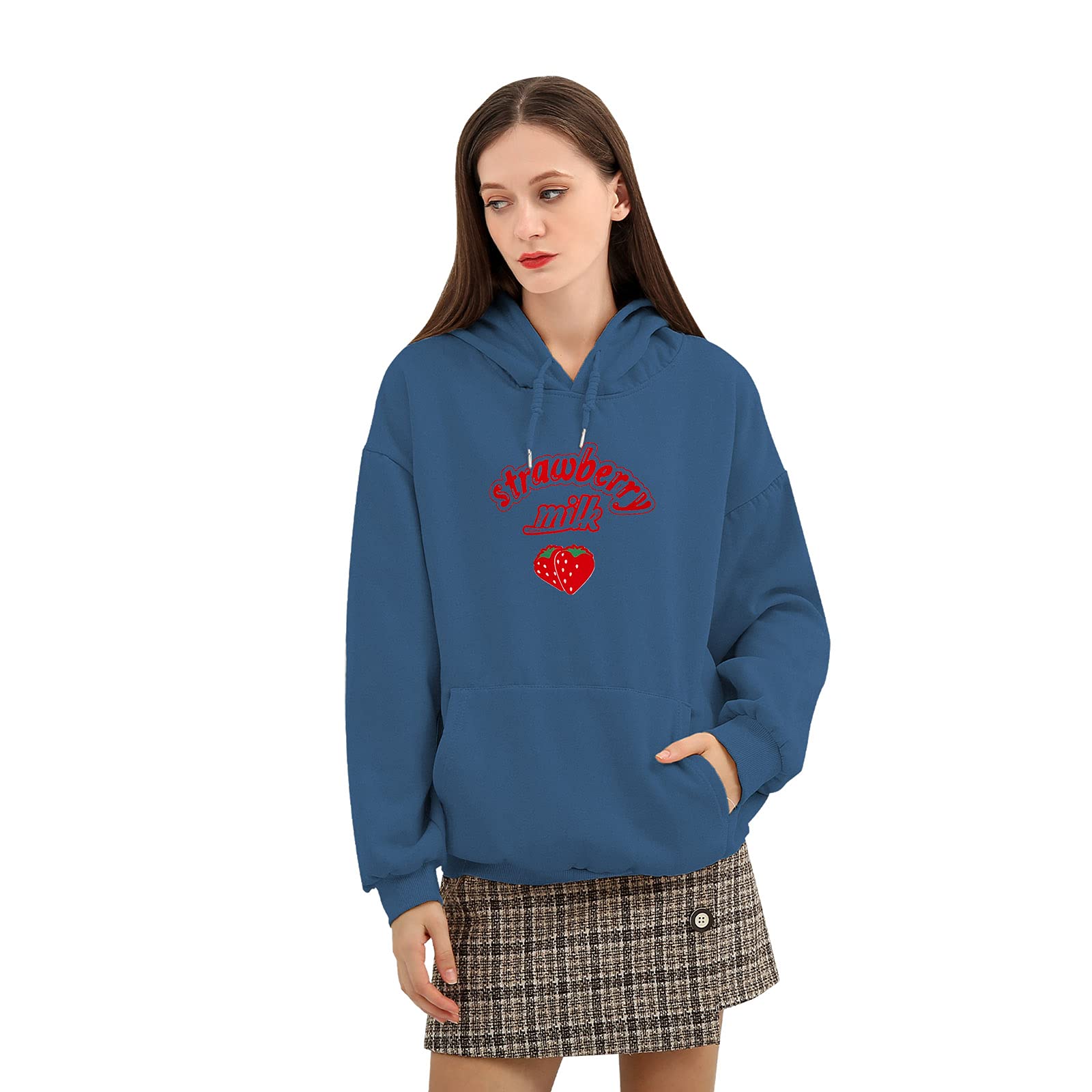 KEEVICI Cute Strawberry Milk Hoodie for Women - Korean Harajuku Style Cotton Loose Long Sleeve Kawaii Sweatshirt with Pockets | Casual Outfit, Streetwear Fashion, Cute Aesthetic, Loungewear, Anime Cosplay