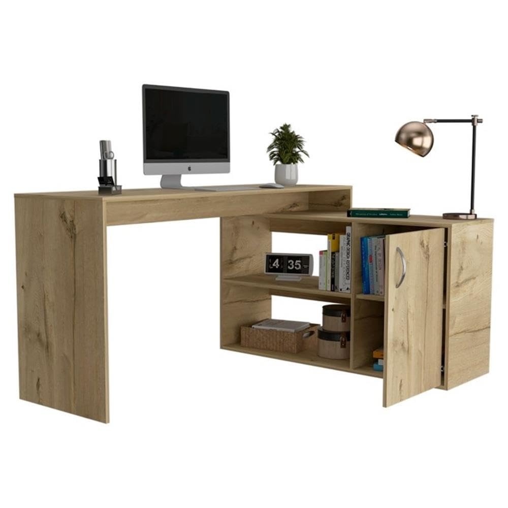 TUHOME Axis L-Shaped Desk - Engineered Wood Computer Desk with Storage Shelf, Beige Home Office Desk for Small Spaces - Perfect for Gaming, Studying & Remote Work
