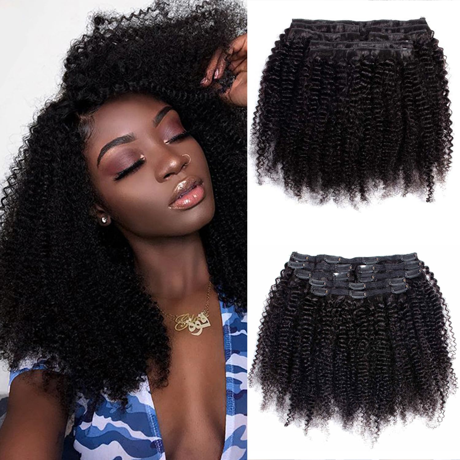 Afro Kinky Curly Clip-in Hair Extensions 10 Inch - 7Pcs Real Human Hair with 18 Clips (120g/set) for Black Women | Brazilian Virgin Hair | Natural Black Color | Perfect for Daily Wear, Parties & Special Occasions