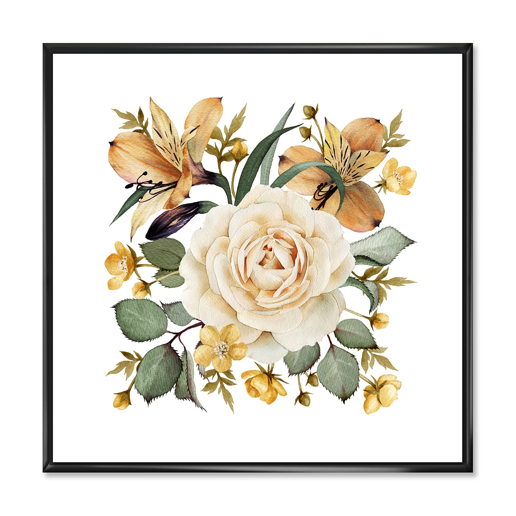 Vintage White Rose Framed Canvas Wall Art Print - Traditional Floral Home Decor for Living Room, Bedroom & Office