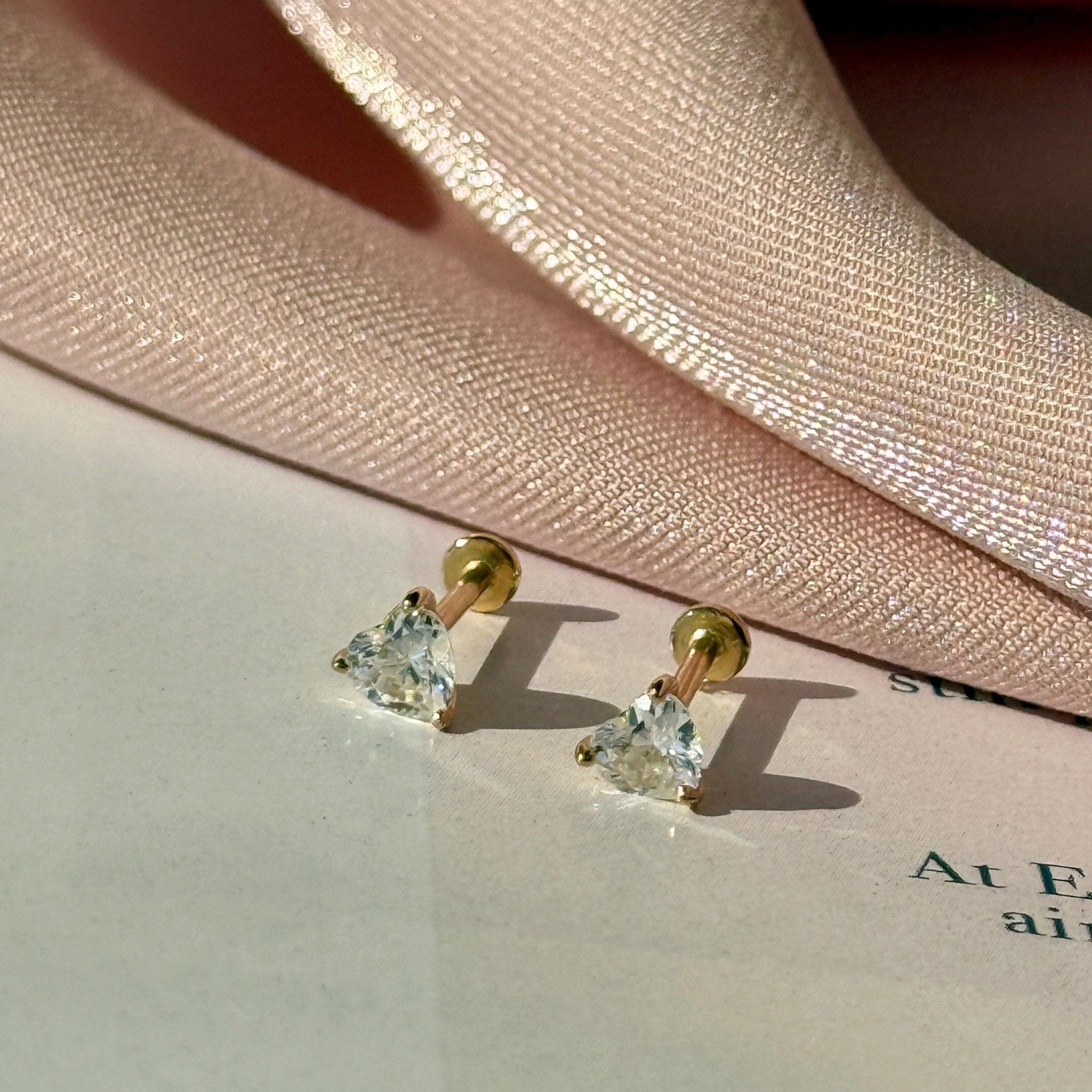14K Yellow Gold Stone Heart Flat Back Stud Earrings - Minimalist Dainty Jewelry for Women - Perfect for Everyday Wear, Gifts & Special Occasions