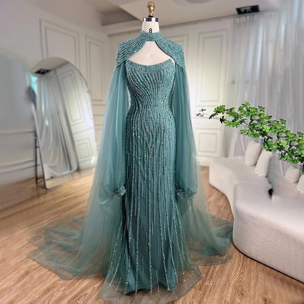 Luxury Beaded Pearl Mermaid Evening Gown for Women - Serene Hill Dubai Caramel Long Cloak Wedding Party Dress LA72223 | Elegant Formal Wear for Bridal, Prom & Special Occasions