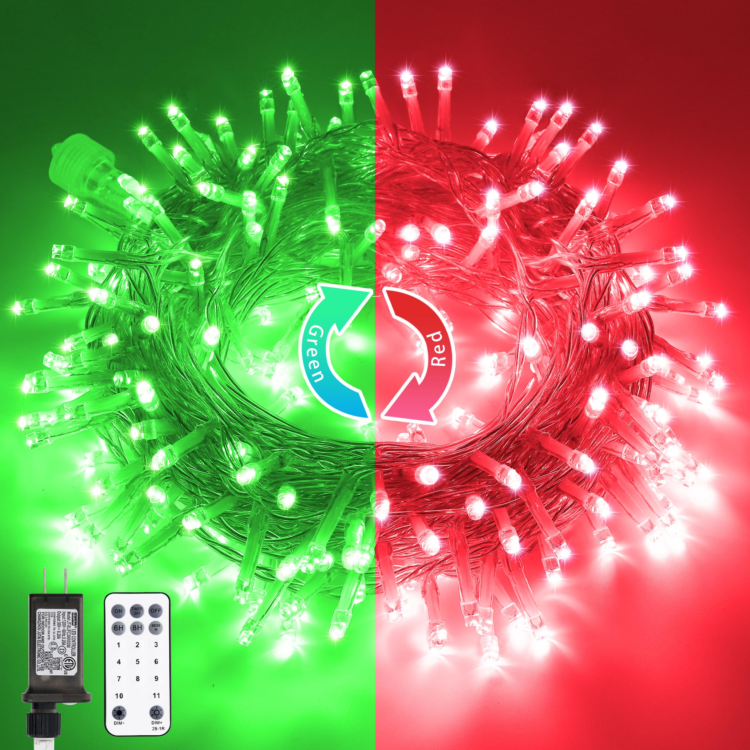 JMEXSUSS 200 LED Christmas String Lights Outdoor - Red & Green Holiday Lights with Clear Wire, 11 Lighting Modes, Connectable Twinkle Lights for Christmas, Halloween, Garden, Home, Party & Wedding Decorations - Perfect for Indoor & Outdoor Festive Decor
