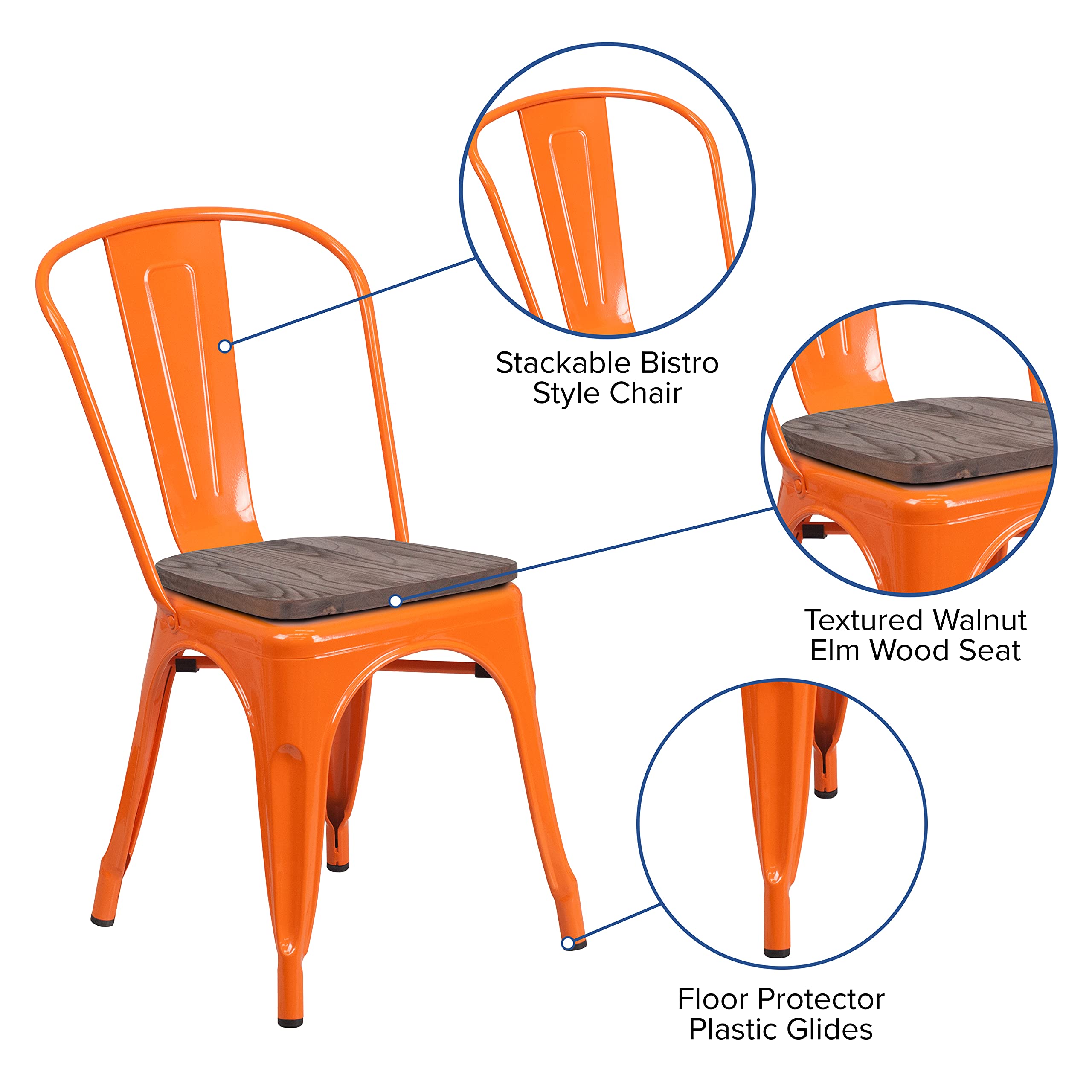 Merrick Lane Amsterdam Metal Chair - Orange Textured Wooden Seat Dining Chair with Slatted Curved Back - Perfect for Kitchen, Dining Room & Outdoor Patio Furniture