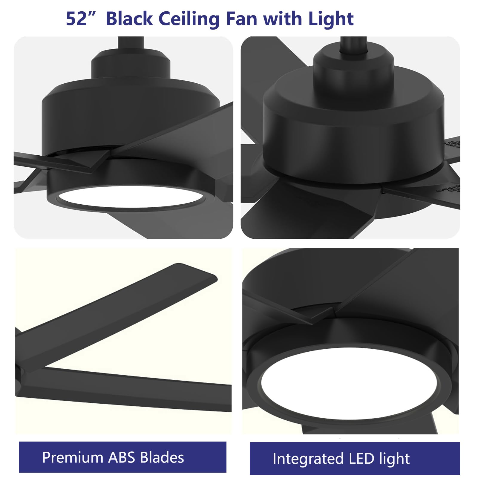 52 Inch Black Ceiling Fan with Light and Remote Control - 3CCT Adjustable, Quiet DC Motor, 5 Blades Modern Design for Living Room, Bedroom, Farmhouse - Energy Efficient Indoor Ceiling Fan with LED Light Kit