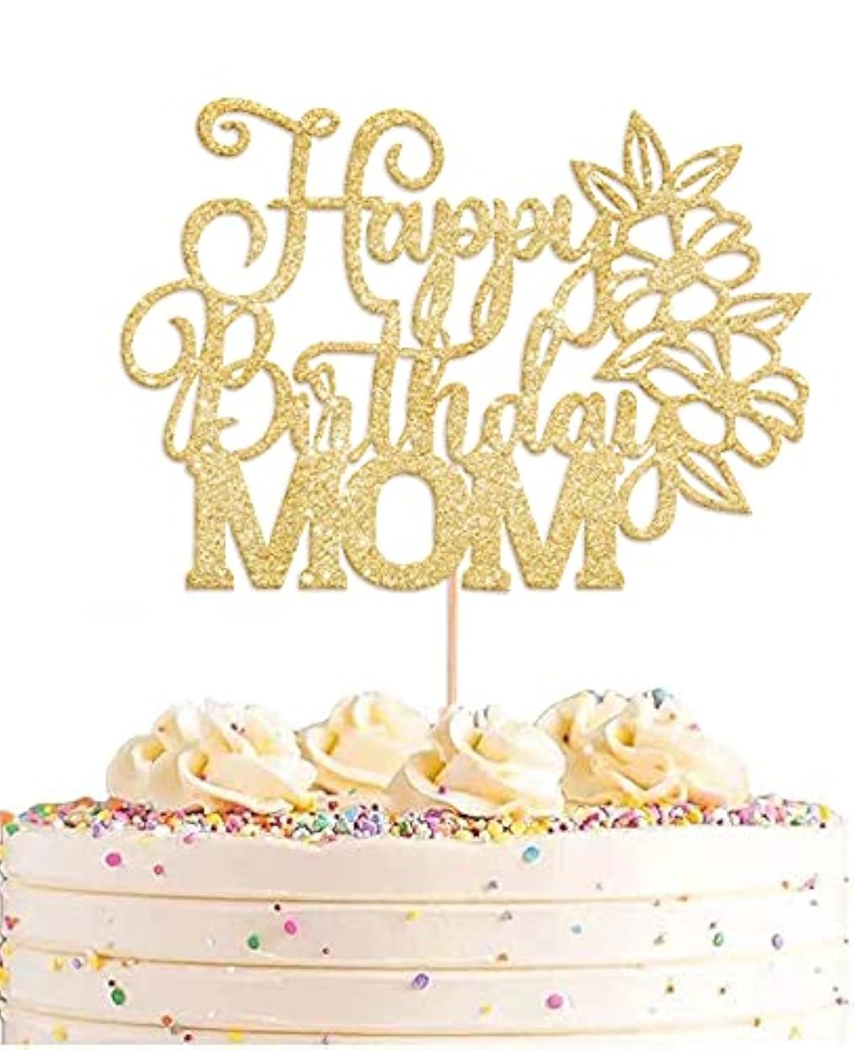 Premium Gold Glitter Flower Cake Topper for Mom - Happy Birthday & Mother's Day Cake Decoration - Elegant Party Supplies for Birthday Celebrations, Mother's Day Parties & Special Occasions
