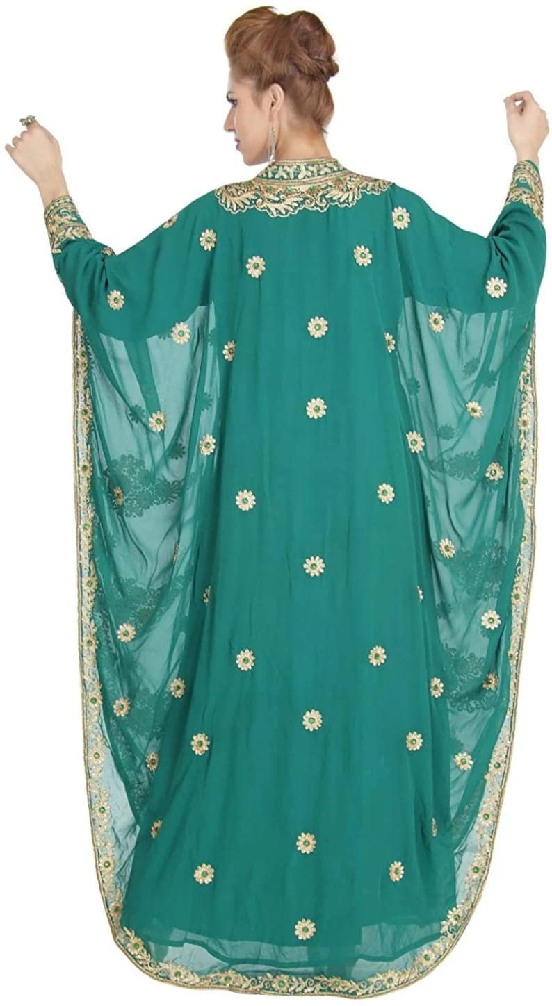 Dark Green Moroccan Kaftan Dress for Women - Maxi Loose Abaya Style Lightweight Cover Up Robe by SANA Creation | Perfect for Beach, Vacation & Summer Outfits