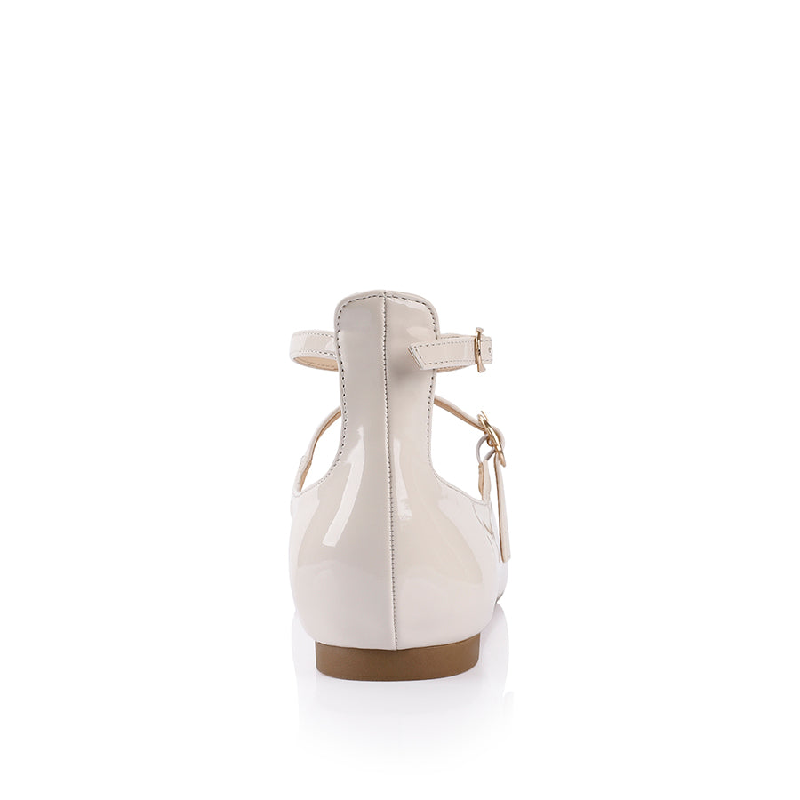 Issie Buckle Flats - Women's Bone Patent Leather Pointed Toe Ballet Flats for Work, Office & Casual Wear