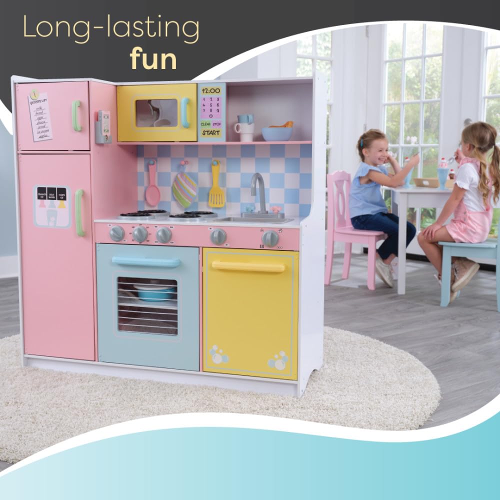 KidKraft Large Wooden Play Kitchen for Kids - Pastel Design with Turning Knobs, See-Through Doors & Play Phone - Pretend Cooking Toy for Ages 3+ - Perfect for Imaginative Play & Birthday Gifts