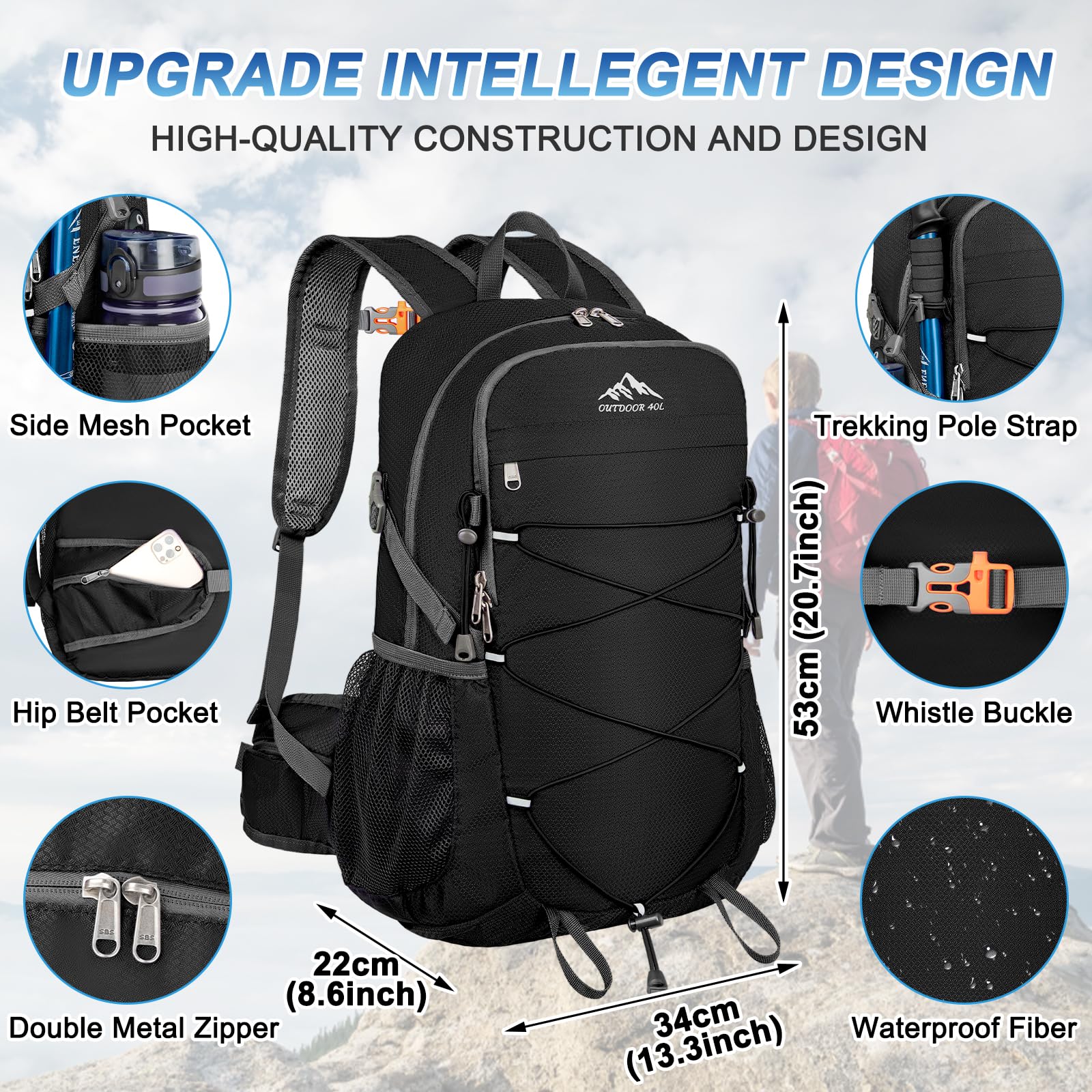 BKNOOU 40L Lightweight Hiking Backpack - Waterproof Foldable Daypack for Camping & Travel - Compact Packable Backpack for Men & Women - Perfect for Outdoor Adventures, Day Hikes & Weekend Getaways