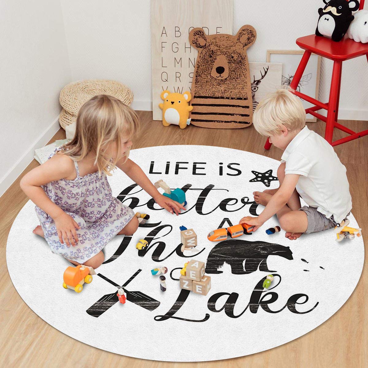 Lake Themed Area Rug - Polar Bear, Oar, Starfish & Shells Design - Washable Indoor/Outdoor Carpet for Boys Bedroom & Living Room - 3.3FT Round Floor Mat - Perfect for Coastal Decor, Kids Room & Beach House Style