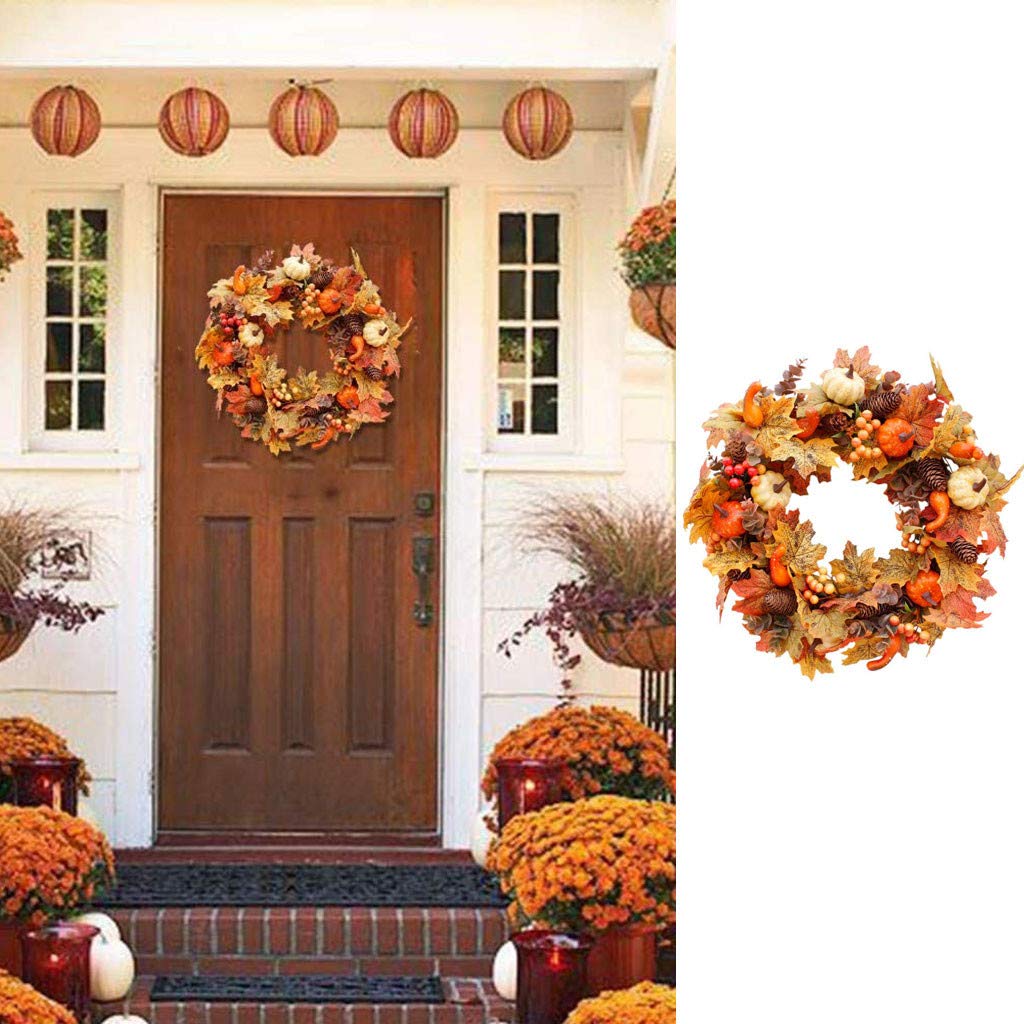 Kimzongxi Autumn Wreath Decor - Colorful Pumpkin Maple Leaf Hanging Wreath for Front Door, Thanksgiving & Fall Home Decoration - Perfect for Seasonal Parties, Harvest Festival & Cozy Indoor/Outdoor Decor