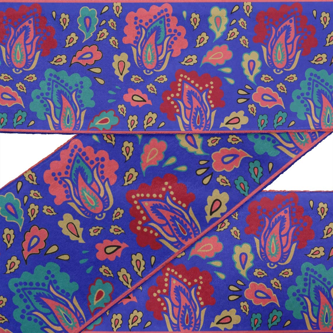 Blue Leaves & Floral Printed Velvet Trim Fabric - 9 Yards x 4 Inches Sewing Border Ribbon for DIY Crafts, Home Decor, and Clothing Accessories