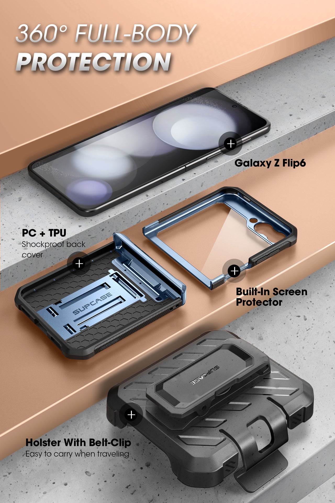 Samsung Galaxy Z Flip 6 Unicorn Beetle PRO Heavy Duty Rugged Case with Belt Clip - Metallic Blue | Shockproof, Drop Protection for Outdoor, Work & Daily Use