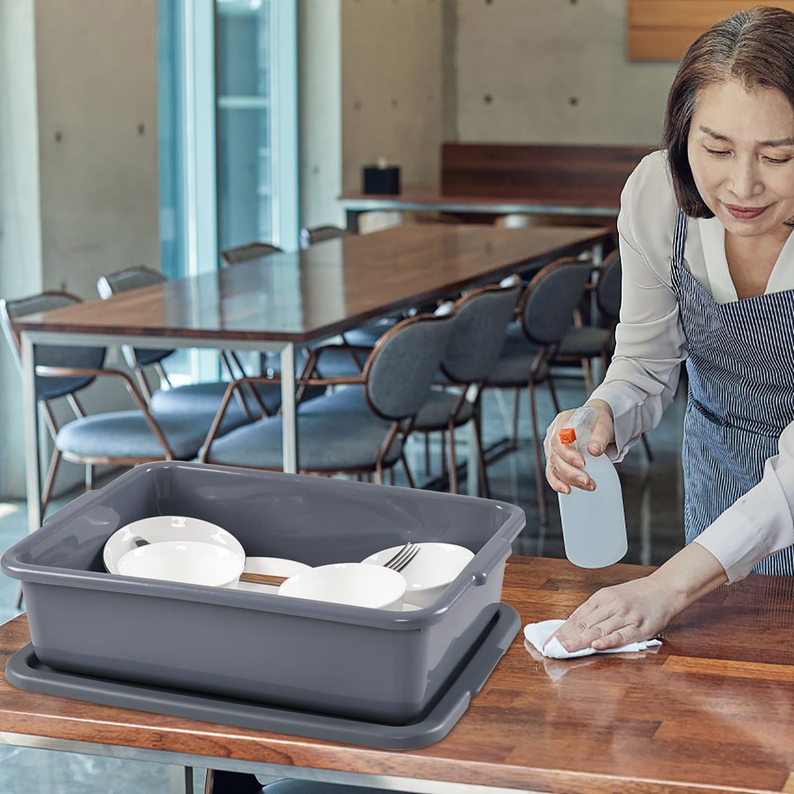 13L Plastic Bus Tray with Lids - Set of 3 Grey Commercial Food Storage Containers for Restaurants, Catering & Meal Prep | Durable Stackable Tote Boxes for Kitchen Organization & Transport