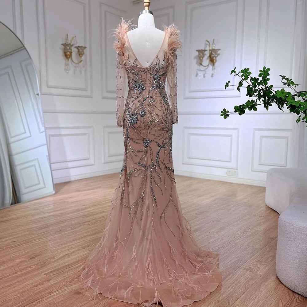 Luxury Dubai Nude One Shoulder Beaded Feather Mermaid Evening Dress for Women - Elegant Wedding Party Gown LA72508 | Perfect for Red Carpet Events, Galas & Formal Occasions