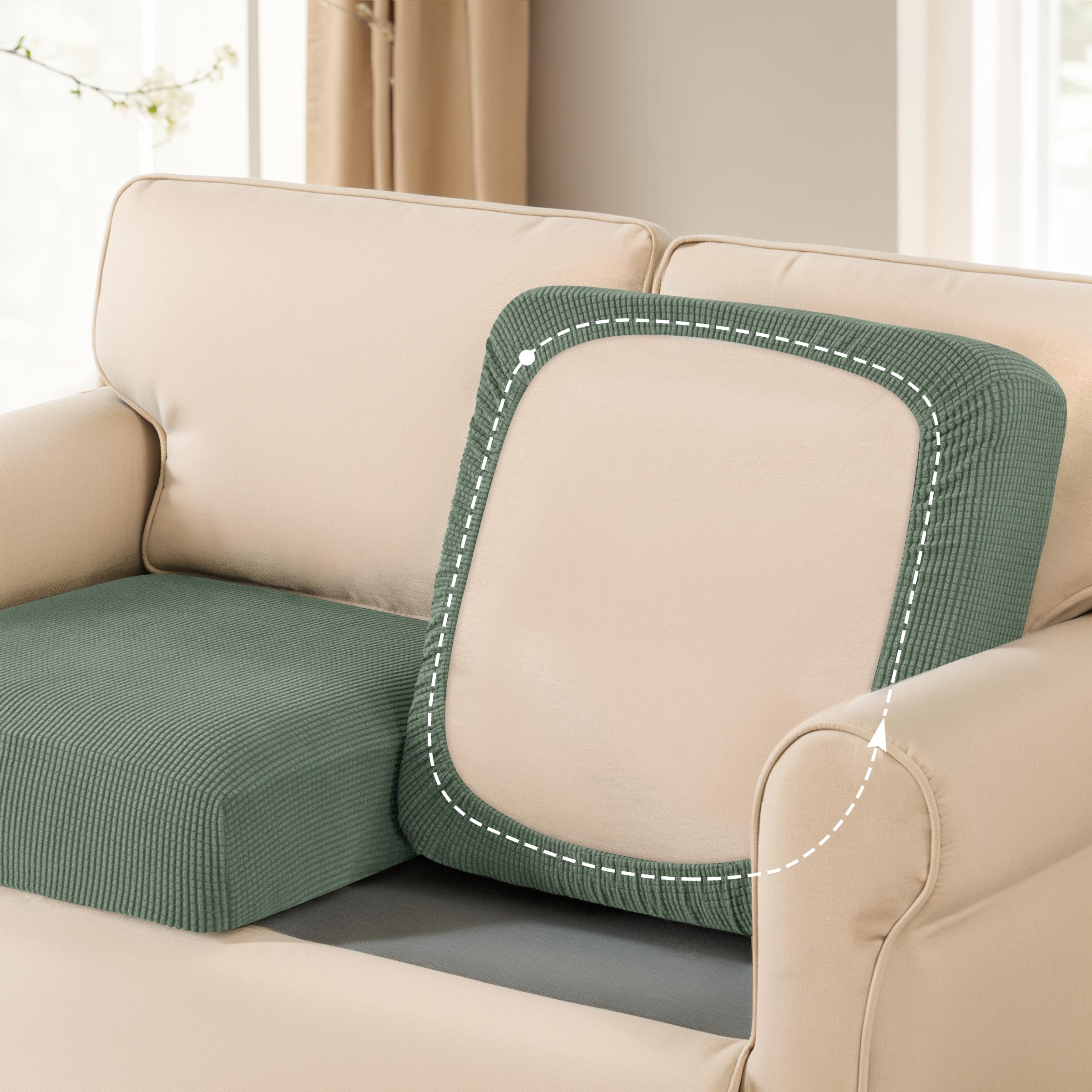 SUBRTEX Stretch Cushion Cover - Elastic Sofa Slipcover for Couch, Loveseat & RV Seats - Spandex Furniture Protector (Large, Olive Drab) - Perfect for Home, Office & Travel Use