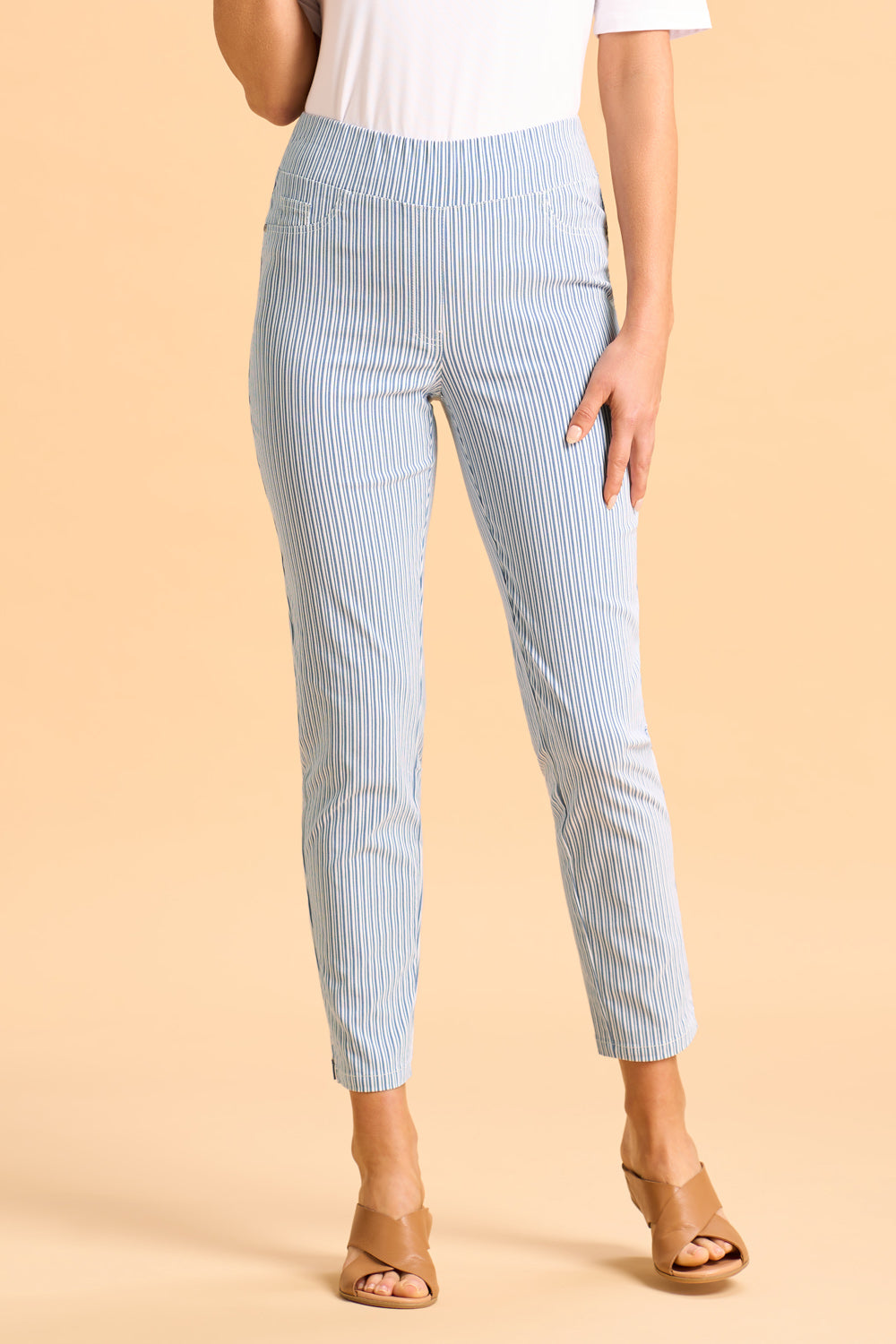 Bengajean® Women's 7/8 Length Seersucker Pants - Navy & White Striped Casual Trousers for Summer, Travel & Office Wear
