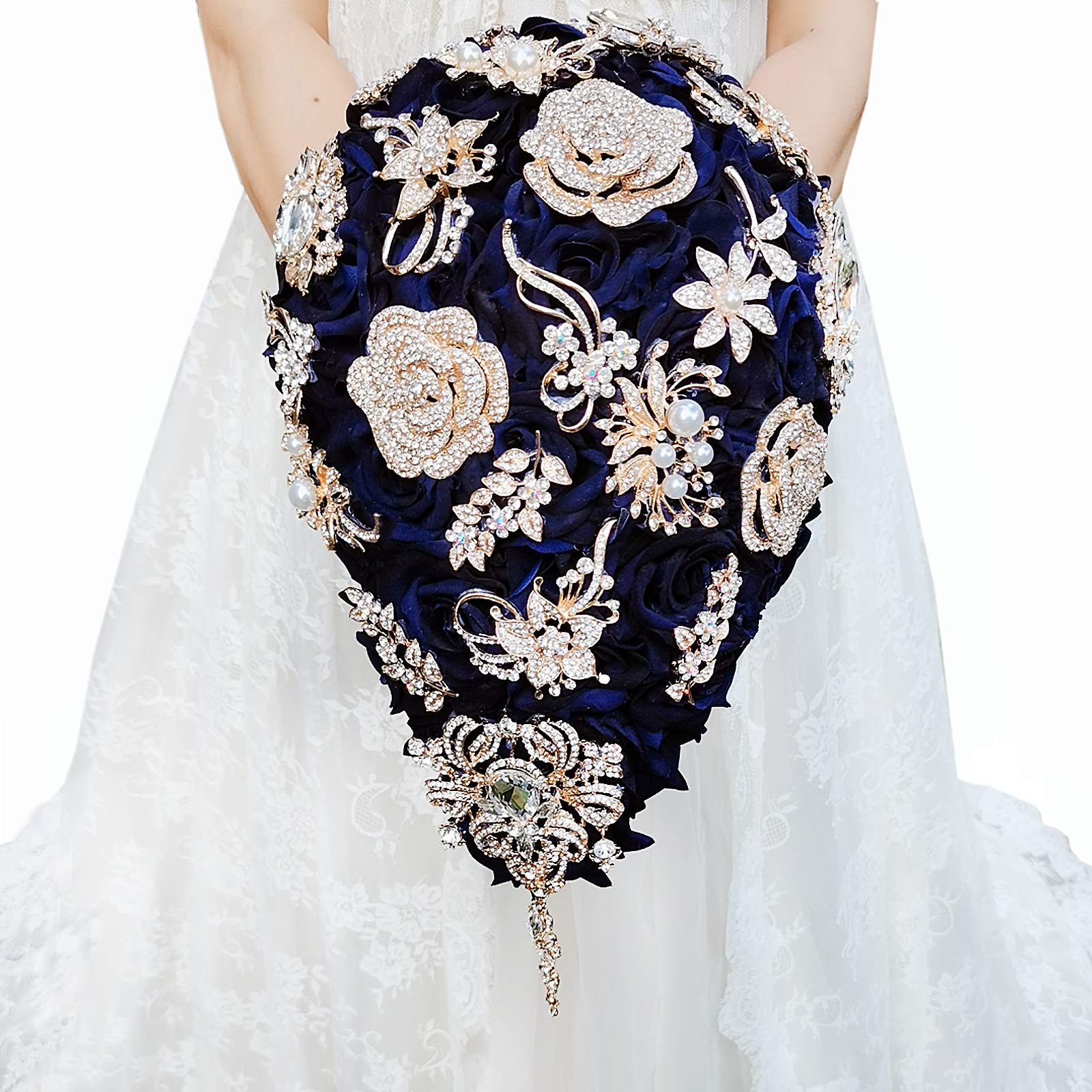 Navy Blue Jewelry Drop Rose Bouquet - Handmade Traditional Wedding Bouquet, 10x14 Inches, Reusable Bridal Proposal Decoration for Weddings, Anniversaries & Romantic Events