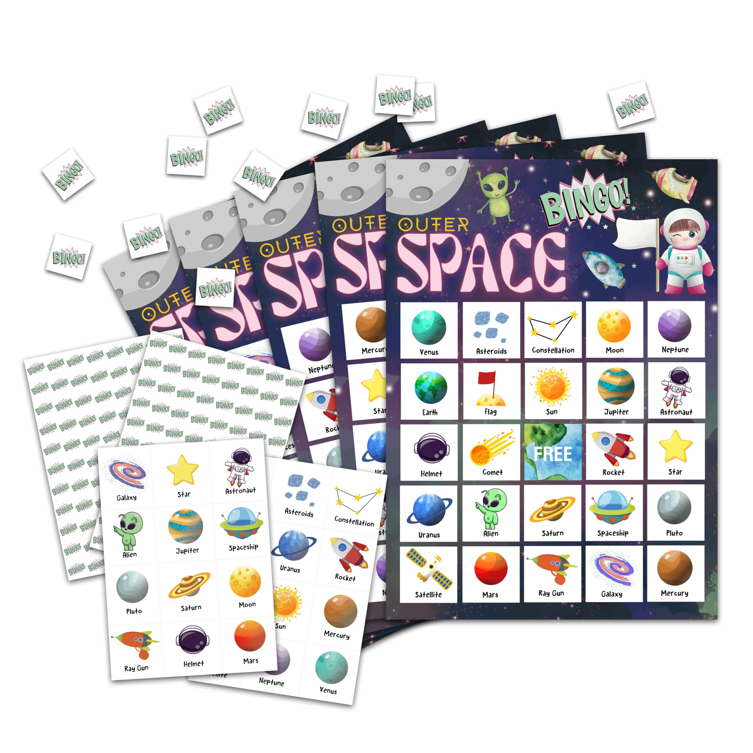 Outer Space Bingo Card Game Set for 24 Players - Fun Family Party Game for Adults & Kids, Perfect for Space Themed Birthday Parties, Classroom Activities & Group Events - Includes Bingo Cards, Markers & Space Decorations