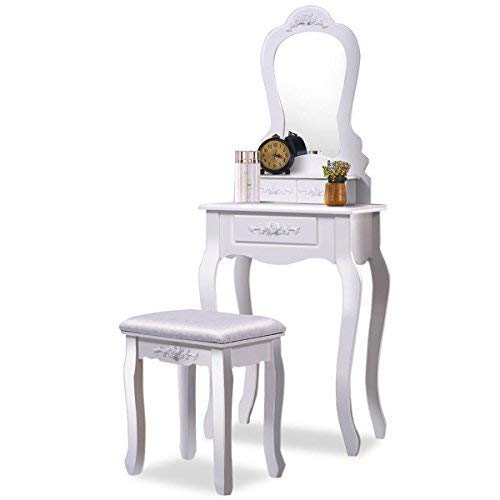 White Wooden Bathroom Vanity Set with Mirror & Makeup Stool - Modern Dressing Table for Small Spaces, Perfect for Makeup, Skincare, and Hair Styling