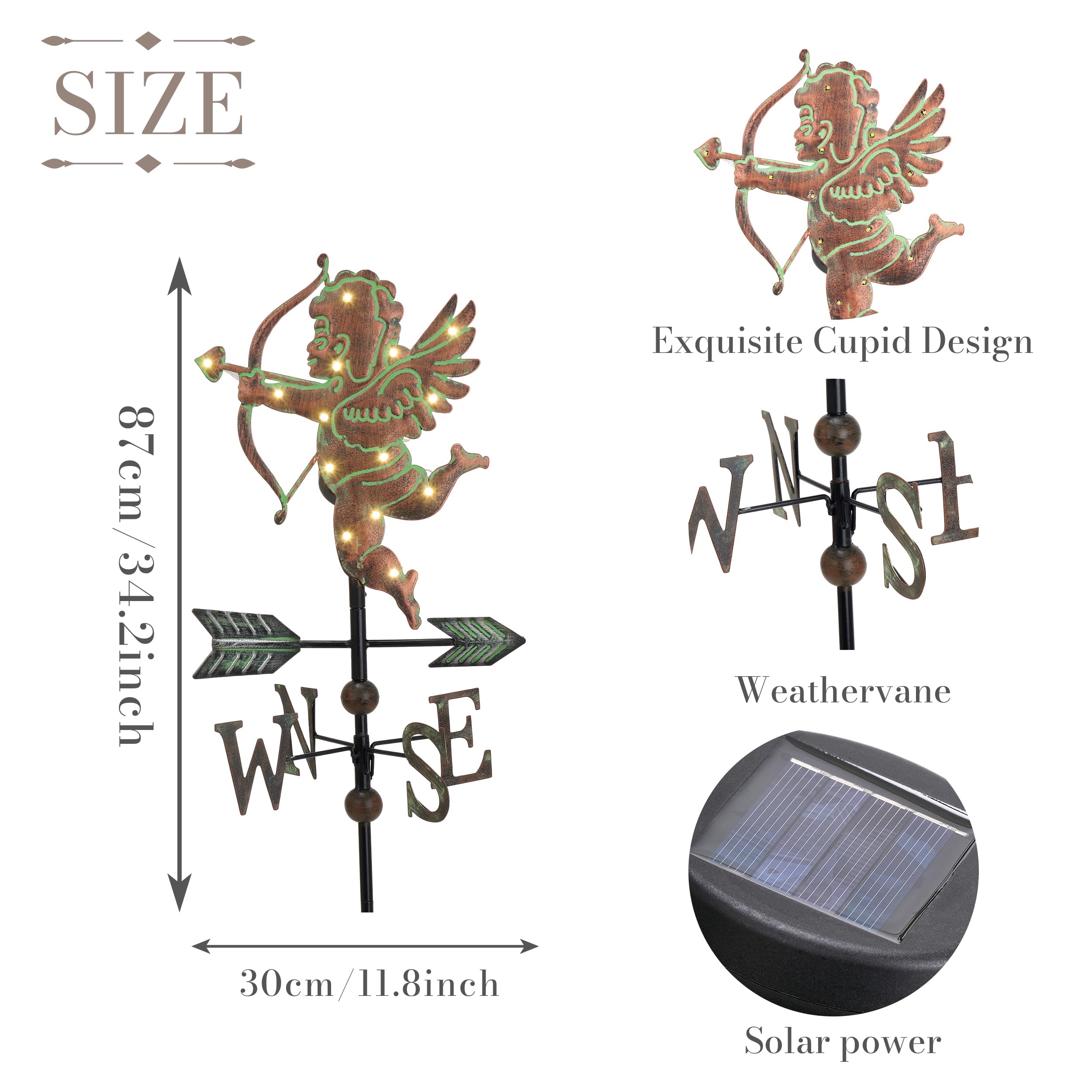 Valentine's Day Outdoor Decorations - Solar Powered Metal Weathervane Garden Stake with Cupid Design, 34 Inch Yard Art for Porch, Patio & Garden - Perfect Romantic Gift for Home & Valentine's Decor