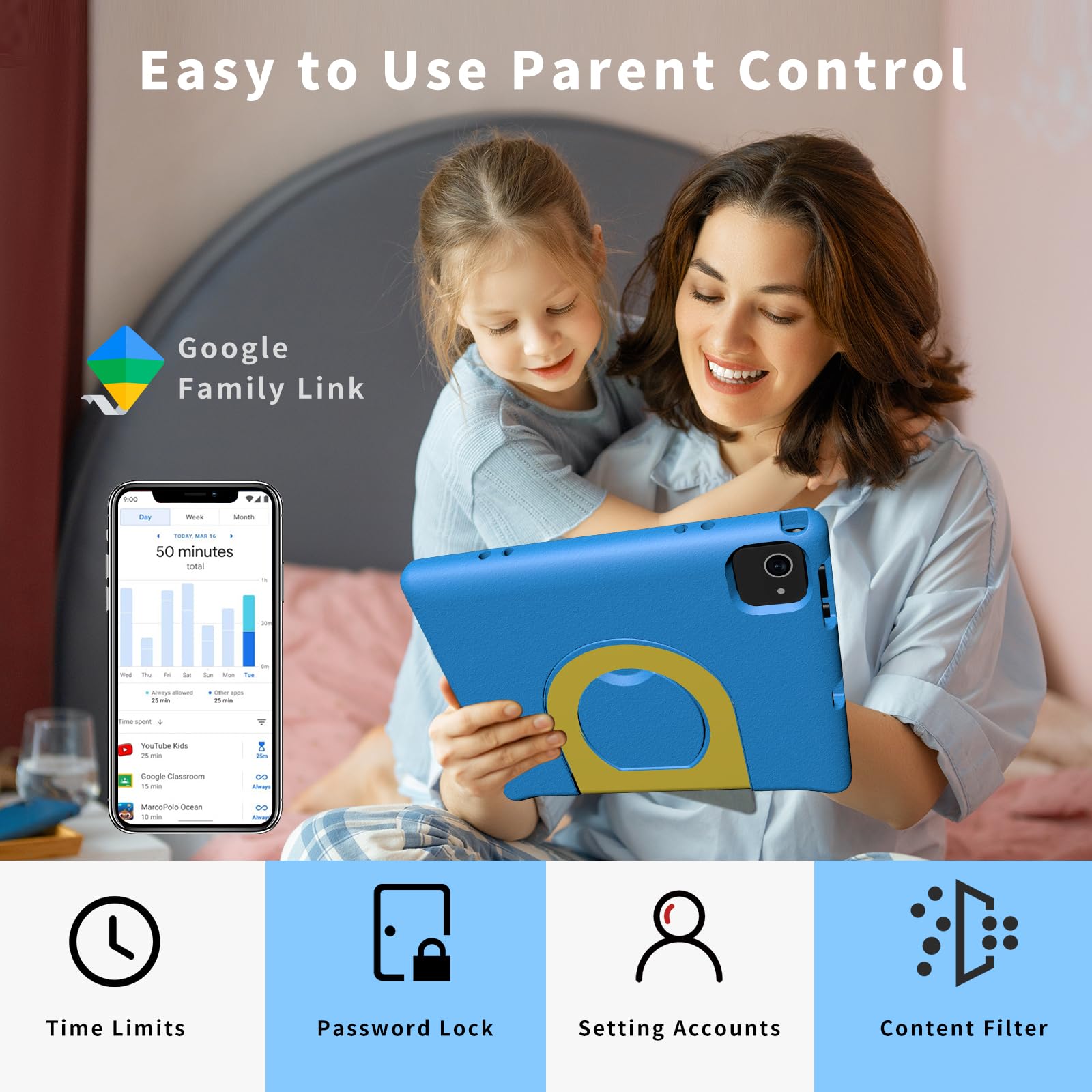 10 Inch Kids Tablet with Strap - Android 14 Octa-Core 64GB/1TB Expandable Storage, Bluetooth WiFi Dual Camera - 12-Hour Battery Life with Parental Control & Protective Case - Perfect for Learning, Games, and Travel Entertainment
