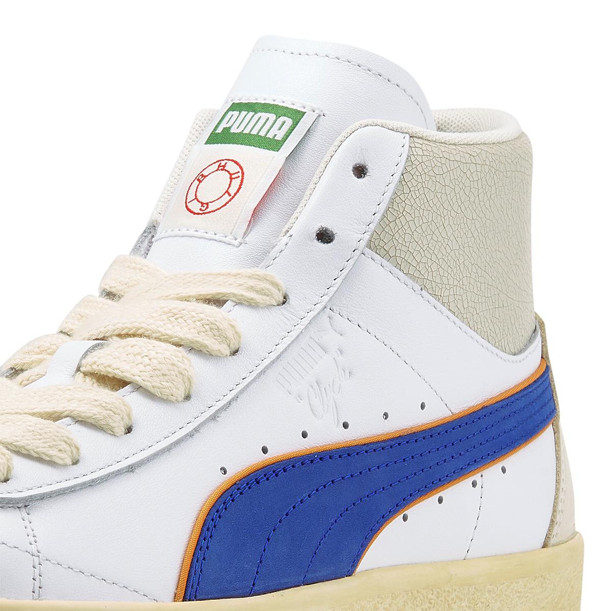 Rhuigi Clyde Mid Basketball Sneakers in White & Royal - Stylish High-Top Shoes for Men, Streetwear & Casual Wear