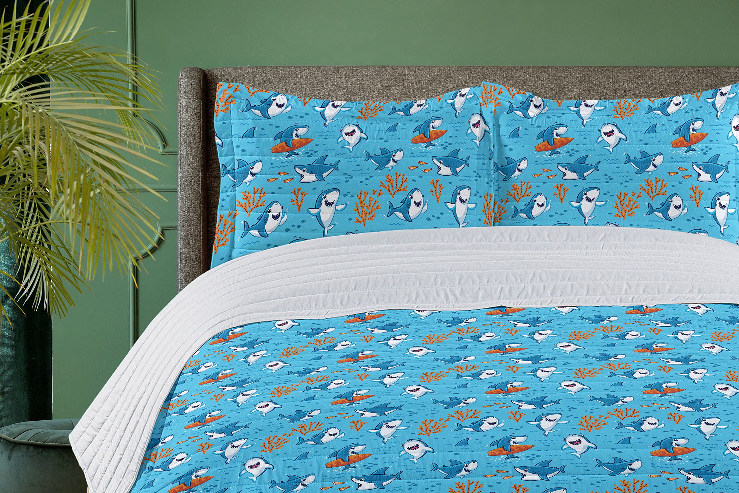 Ambesonne Shark Microfiber Bedspread Set - Underwater Fantasy World with Playful Fish Characters & Cheerful Mascots | Soft Queen Size Bedding Set Includes Pillow Shams & Comforter in Blue White Orange | Perfect for Kids' Rooms, Beach Themed Decor & Shark Lovers