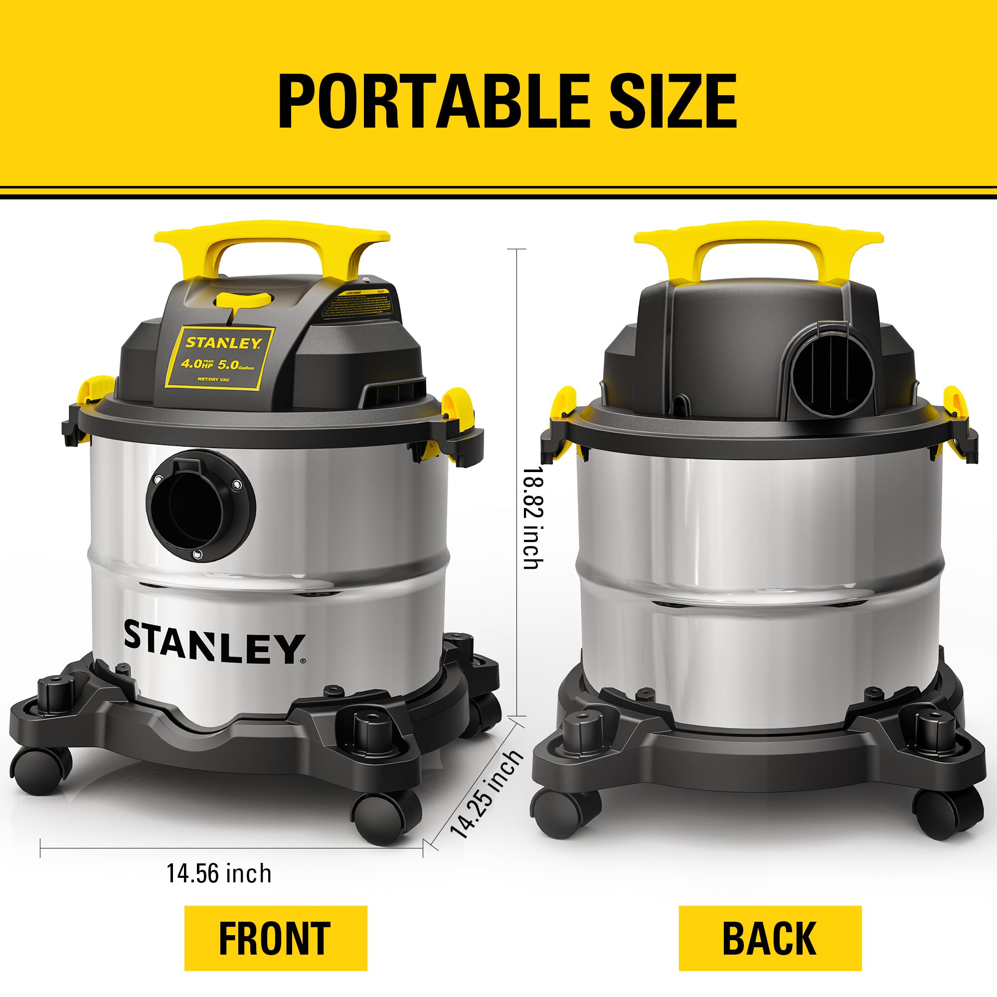 STANLEY SL18115 5-Gallon 4HP Wet/Dry Vacuum Cleaner with Stainless Steel Tank - Portable Shop Vac for Home, Workshop & Jobsite - Includes Vacuum Attachments for Dust Collection (Silver & Yellow) - Perfect for Garage Cleaning, Construction Debris & DIY Projects