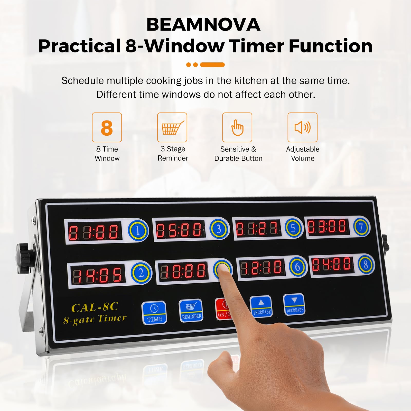 BEAMNOVA 8-Channel Digital Kitchen Timer with Loud Alarm - Stainless Steel Commercial Cooking Timer for Restaurants, Bakeries & Home Use - Adjustable Volume for Cooking, Baking, Frying & Meal Prep