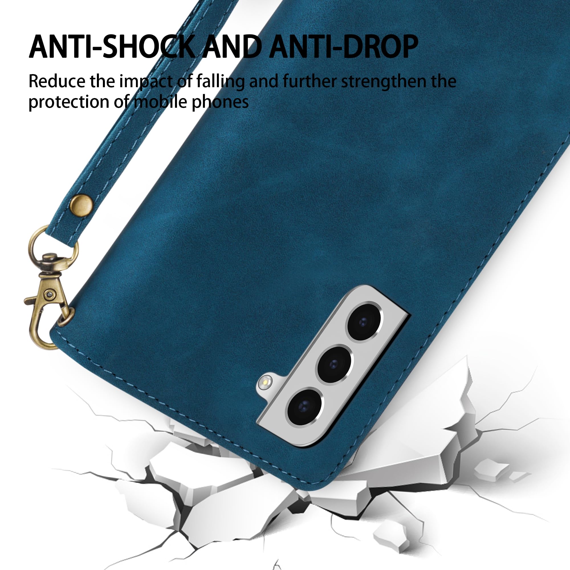 Premium Soft PU Leather Zipper Flip Wallet Case for Samsung Galaxy S22 (6.1 Inch) - Card Slots, Wrist Strap & Kickstand | Protective Cover for Everyday Use, Travel & Business Meetings (Blue)