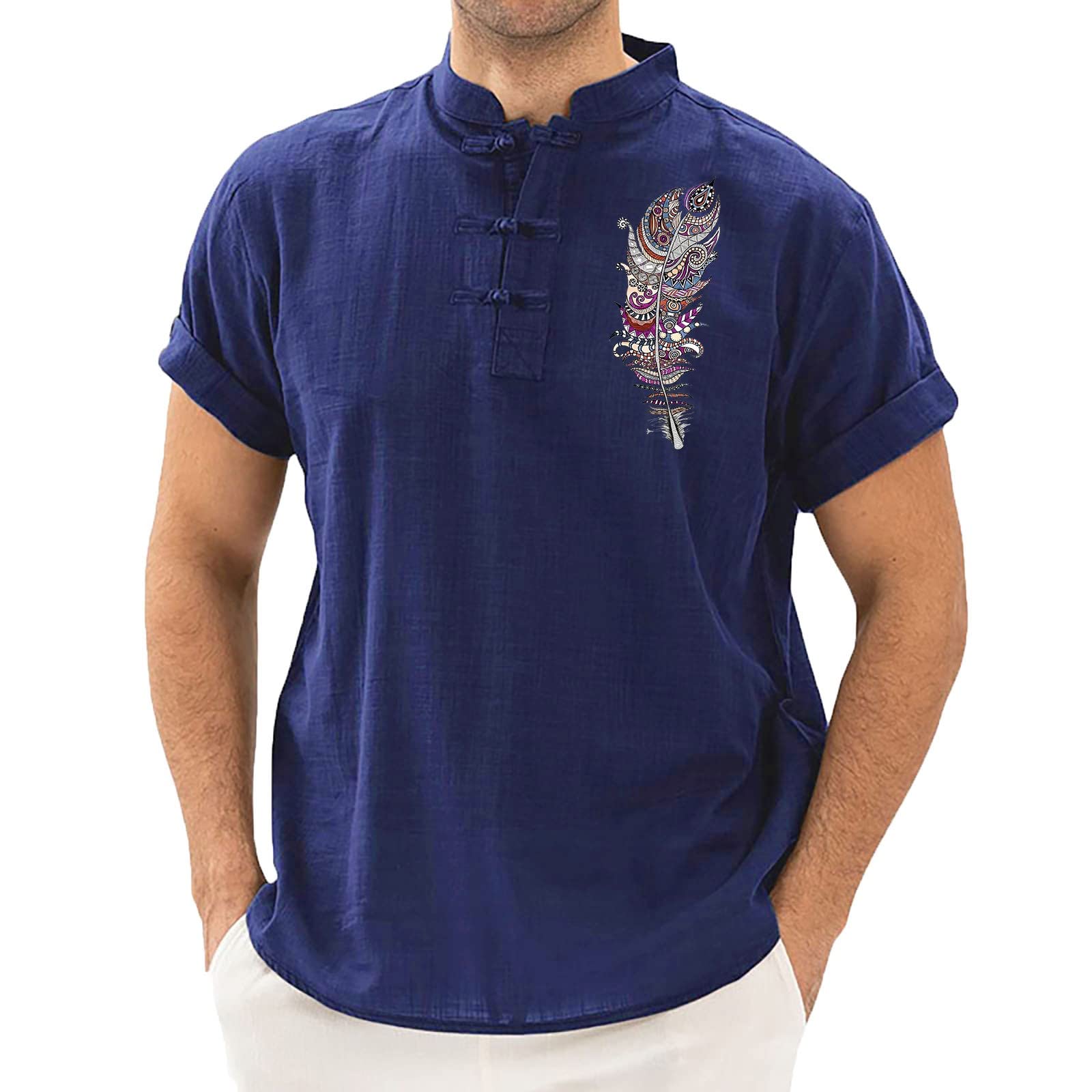 Premium Men's Dress Shirts - Breathable Cotton Linen Blend, Solid Color Stand Collar Top for Spring & Summer | Casual Office Wear & Outdoor Activities