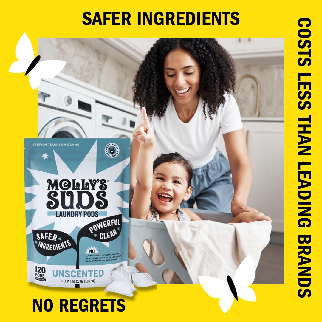 Molly's Suds Laundry Detergent Pods for Sensitive Skin | Hypoallergenic, Unscented & Eco-Friendly | Ultra Concentrated Stain Remover | 60 Count Pods | Perfect for Babies, Allergies & Eco-Conscious Families