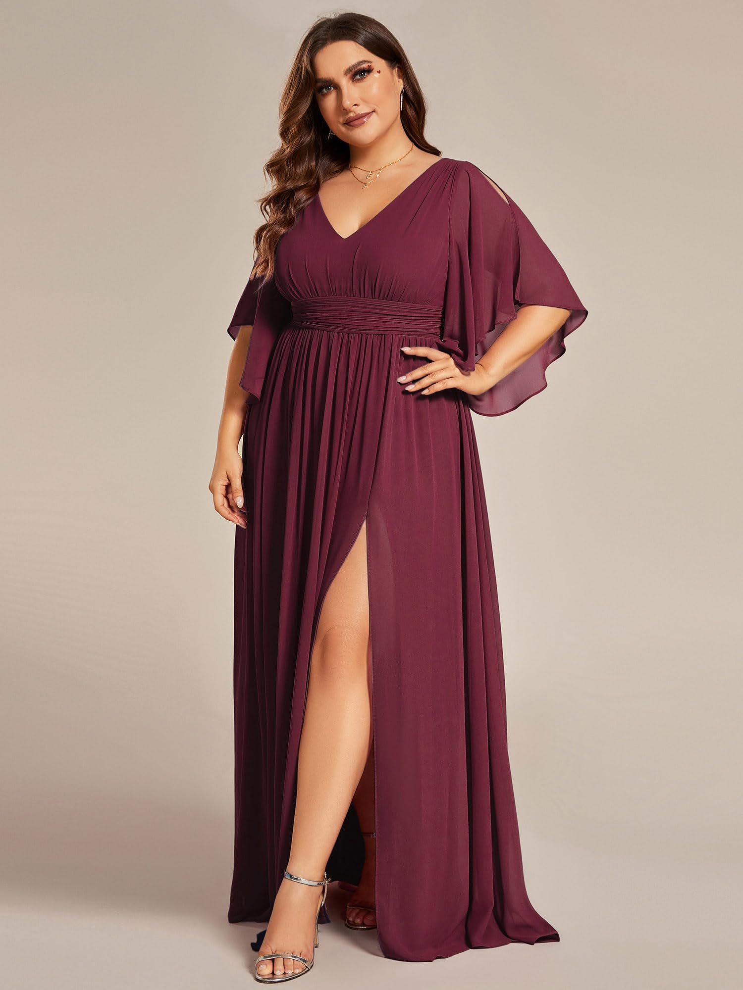 Ever-Pretty Plus Size Women's V-Neck A-Line Floor-Length Bridesmaid Dress with Slit & Half Sleeves (Style 01886-DA) - Perfect for Weddings, Formal Events & Special Occasions