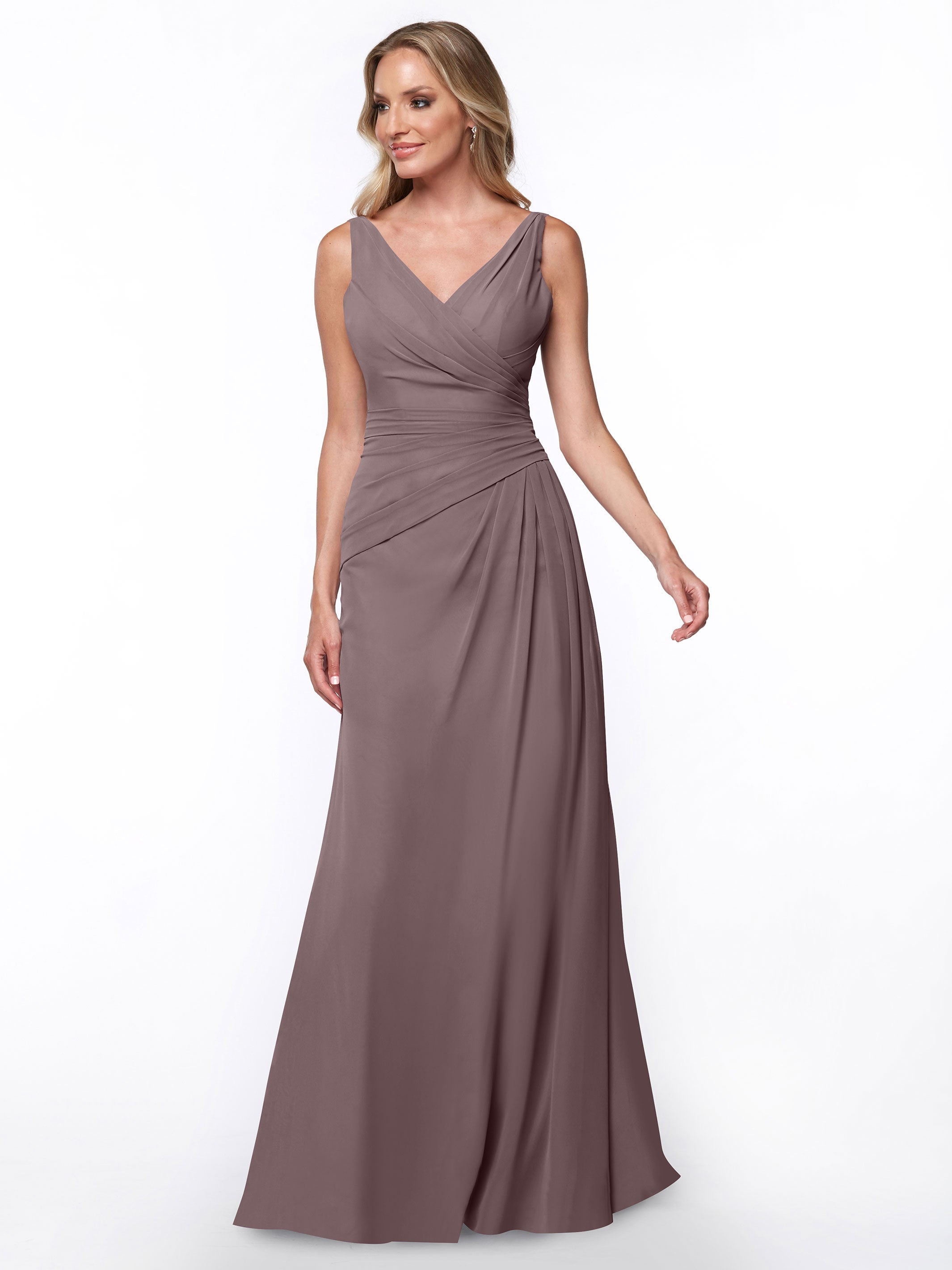 Elegant 80030 Chiffon Sheath Bridesmaid Dress with Ruching V-Neck Bodice - Perfect for Weddings, Formal Events & Special Occasions