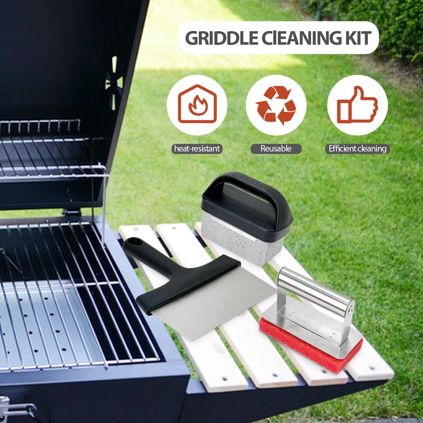 10-Piece Heavy Duty Griddle Cleaning Kit - Professional Flat Top Grill Cleaner Set with 2 Handles, Scraper, Grill Stones & Brushes for Blackstone & Outdoor Grills - Perfect for BBQ, Camping & Backyard Cooking