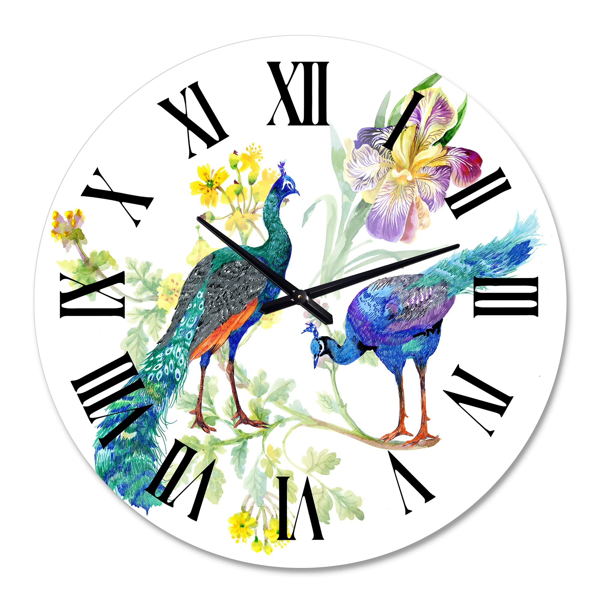 DesignQ Traditional Peacock & Iris Flower Large Wall Clock - Elegant Office & Home Decor for Living Room, Bedroom, or Study
