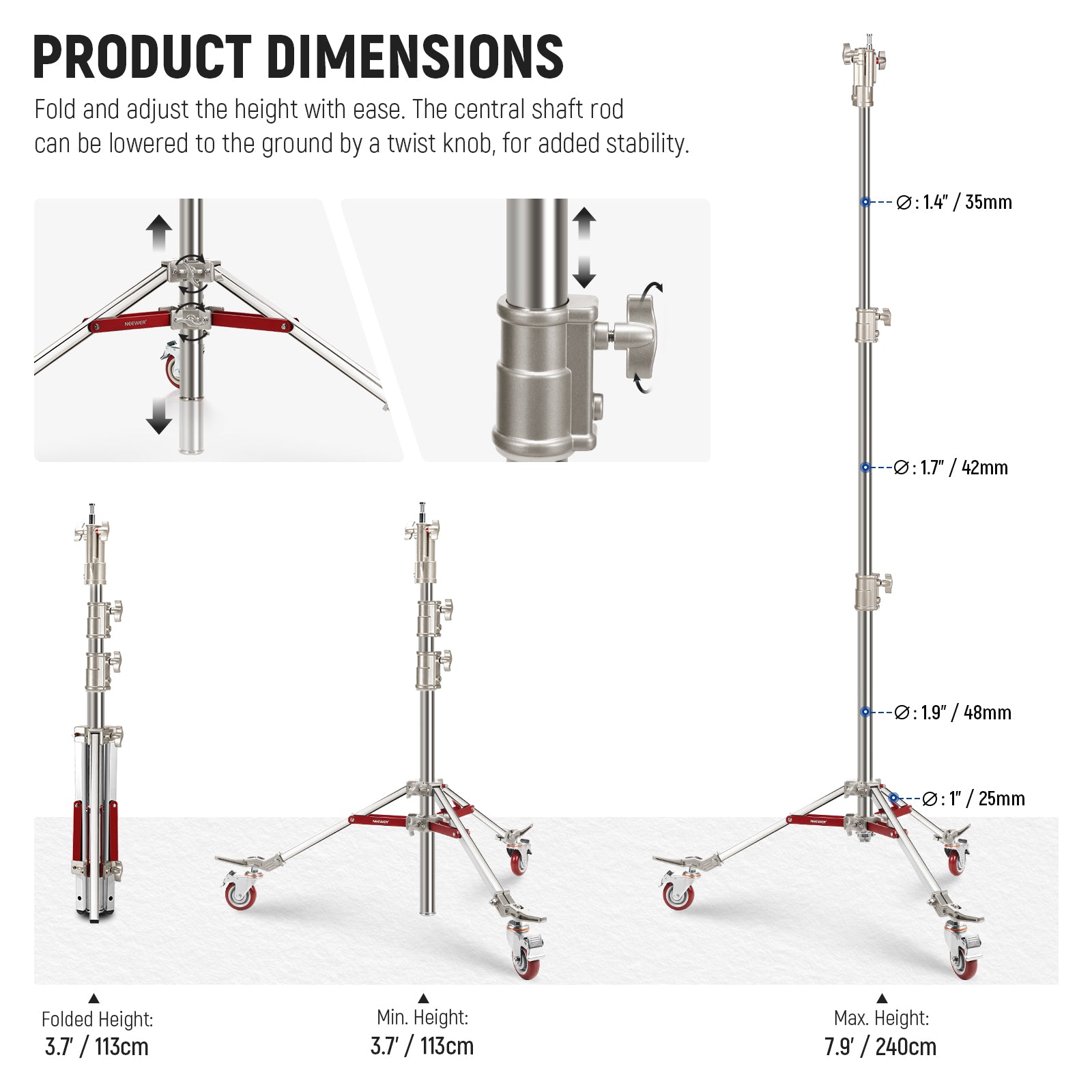 NEEWER ST240SS 240cm Heavy Duty Stainless Steel Light Stand with Wheels - Professional Photography & Video Studio Equipment for Lighting, Backdrops & Equipment Support