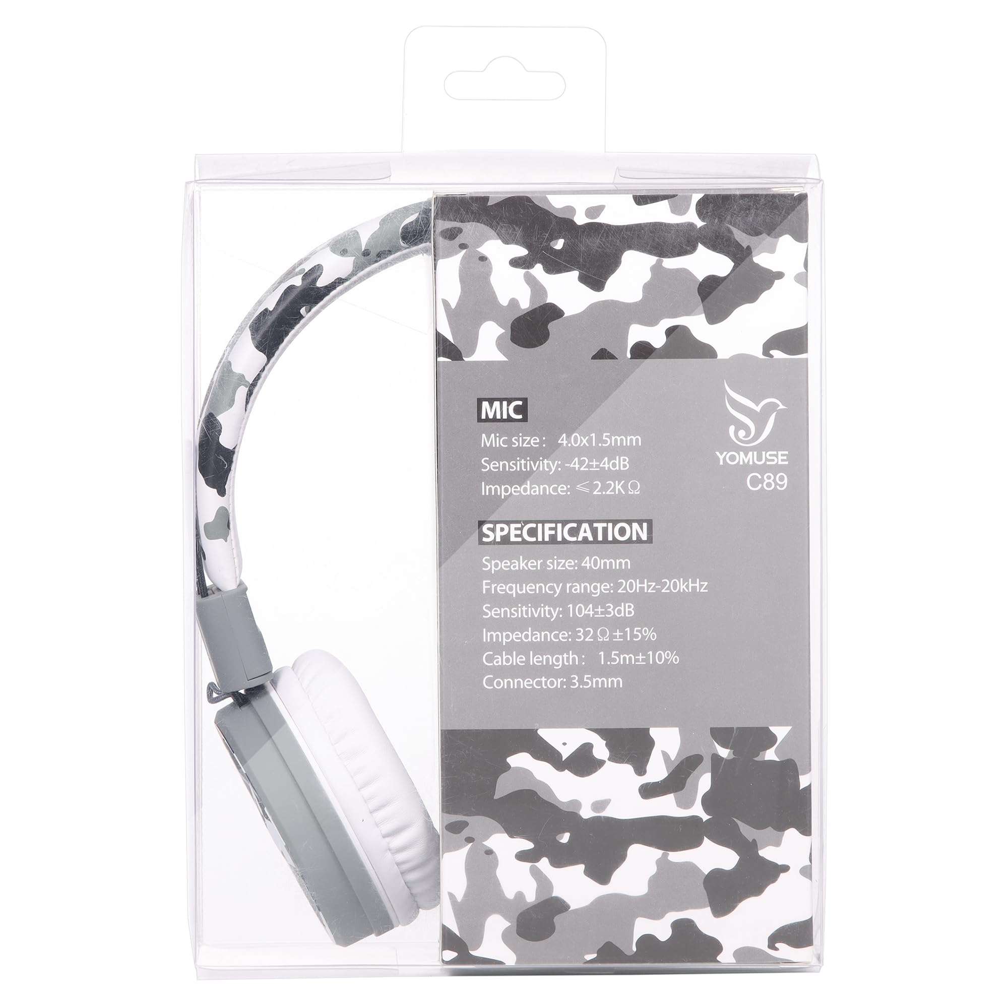 Yomuse C89 Kids Headphones with Microphone - Adjustable, Foldable On-Ear Wired Headphones for School, Travel - Boys, Girls, Adults (Camo Grey) - Perfect for Online Classes, Gaming & Airplane Trips