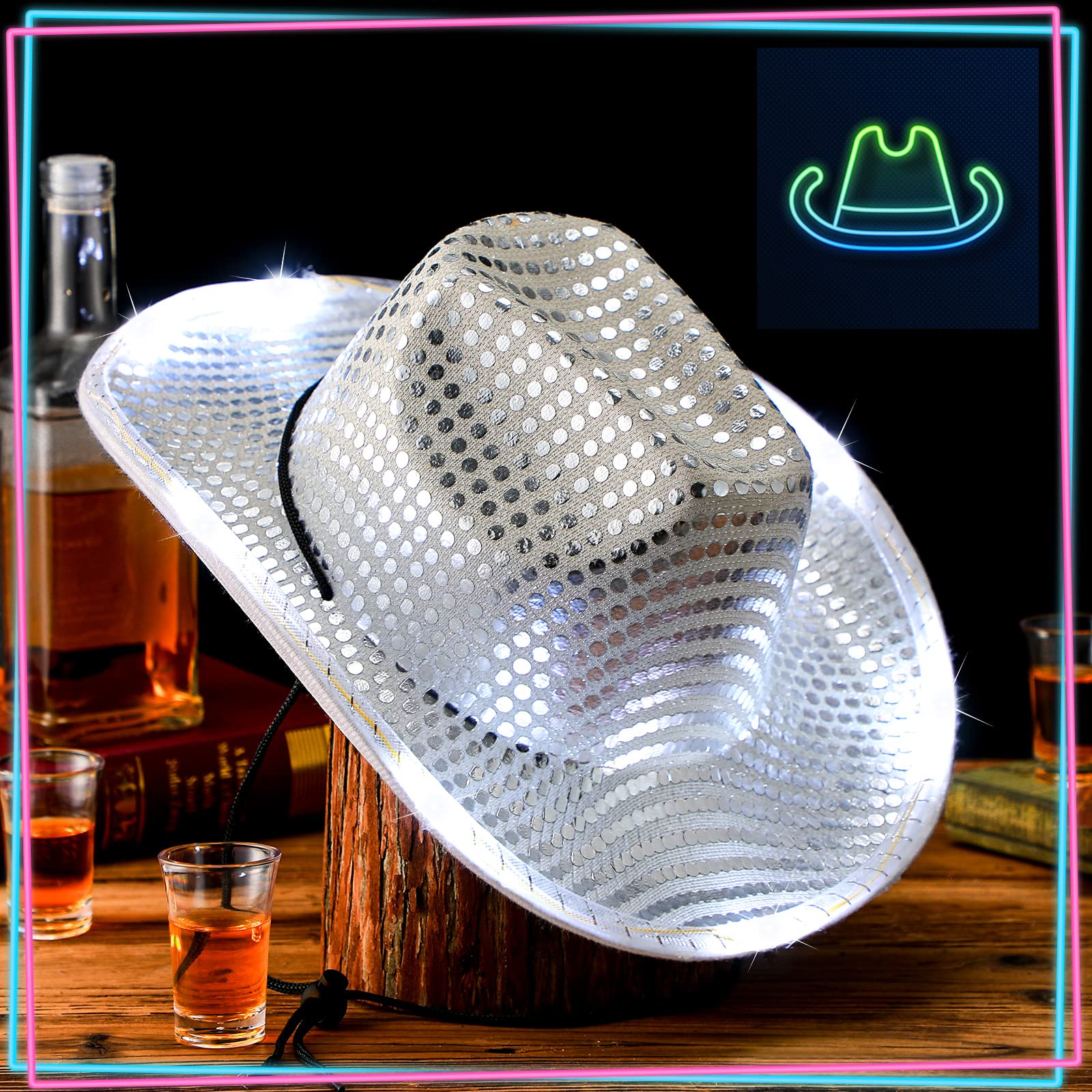 20 Pack LED Flashing Cowboy Cowgirl Hats - Light Up Western Party Hats for Bachelorette, Wedding, Bridal Showers & Country Themed Events - Perfect for Night Raves, Concerts, and Festivals
