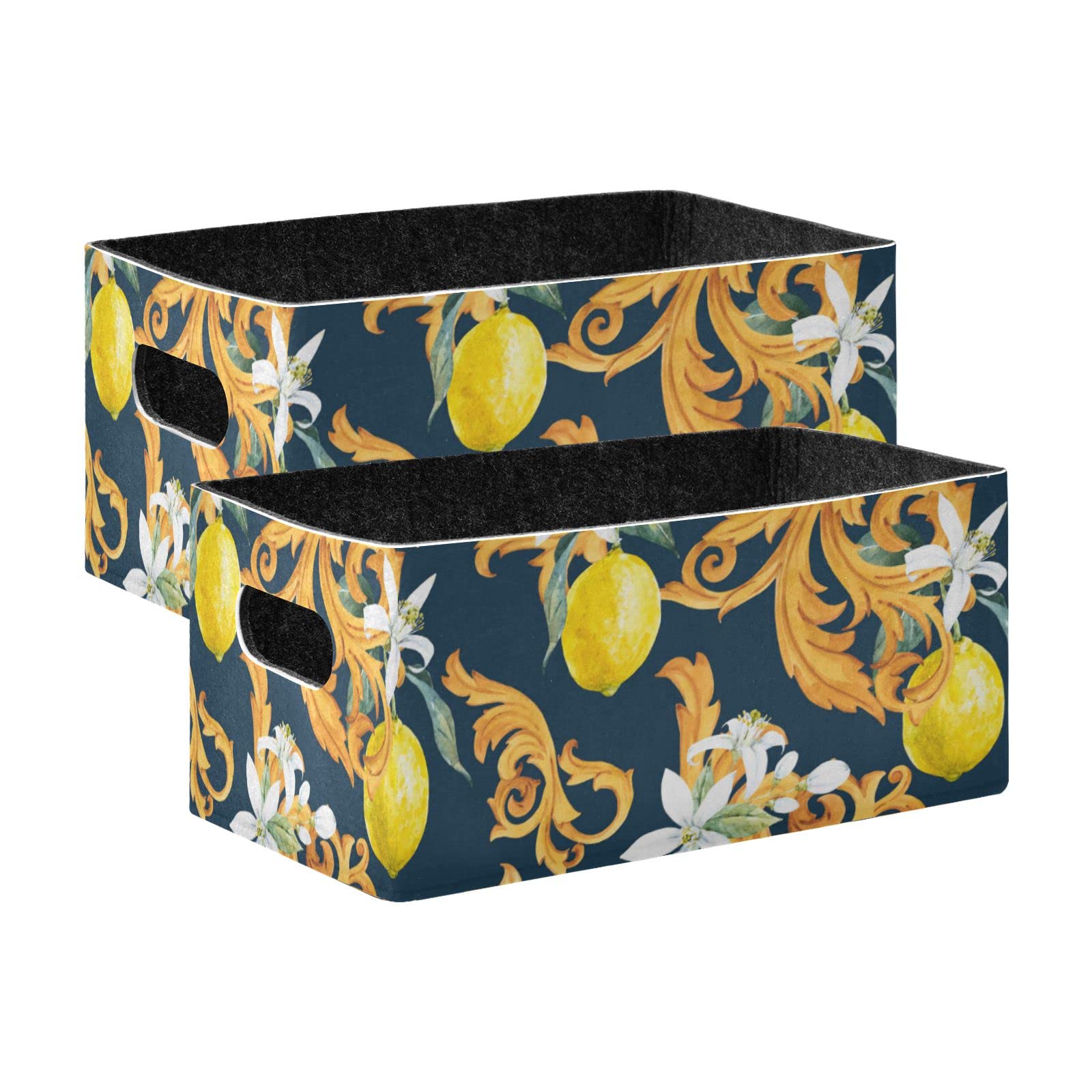 2-Pack Sicilian Style Lemon Fruit Folding Felt Storage Baskets - Collapsible Clothes Hamper & Organizer for Shelves, Closet, Nursery, Toys | Perfect for Home Organization & Laundry Room Storage