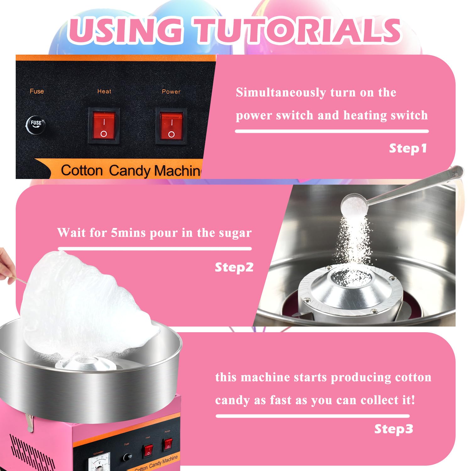 Commercial Cotton Candy Machine 1000W - Stainless Steel Bowl, Sugar Scoop & Anti-Rust Coating - Perfect for Family Parties, Kids Birthdays & Carnival Events (Pink)