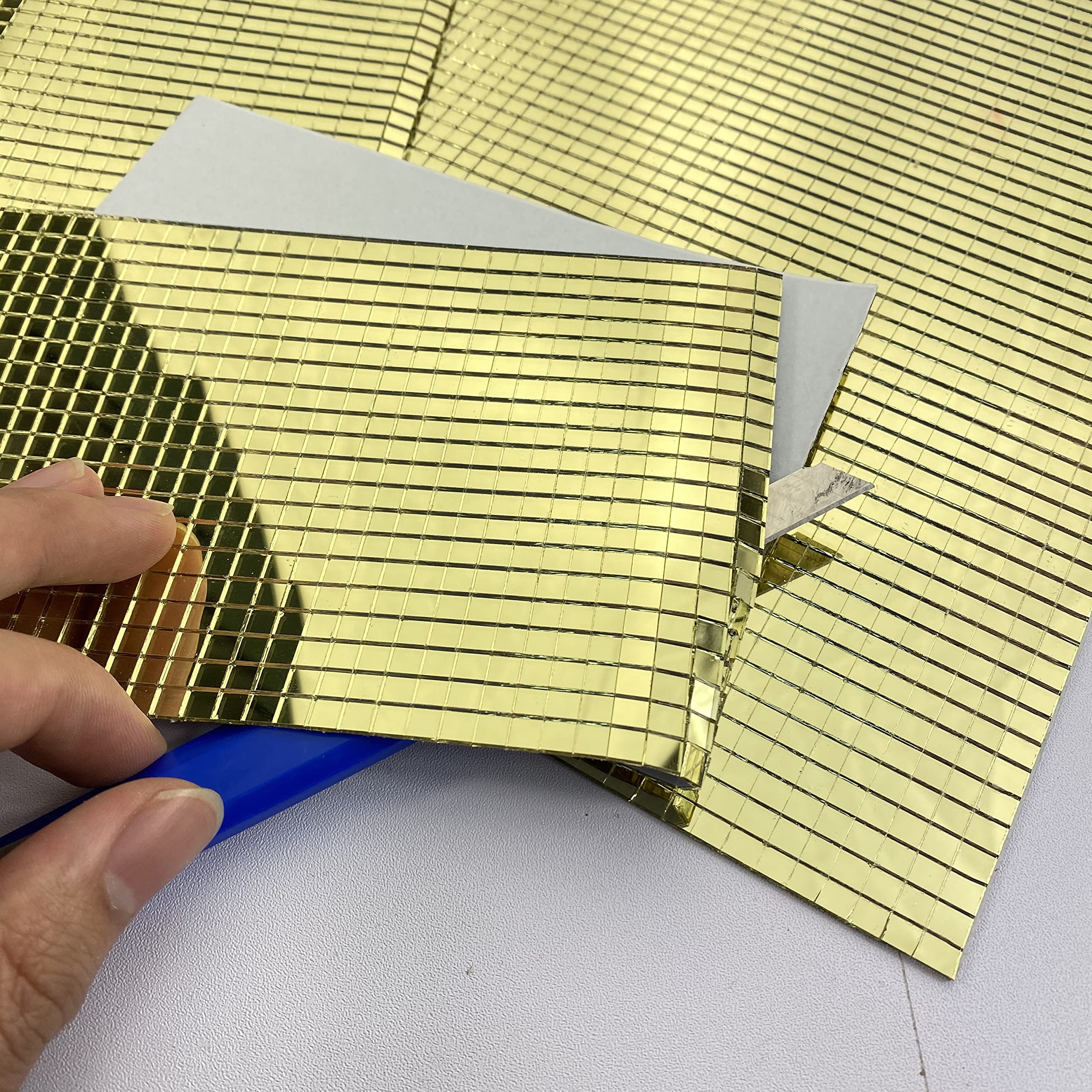 REDODECO 7200Pcs Self-Adhesive Square Mirror Mosaic Tiles - Disco Ball & DIY Craft Glass Tiles in Gold (15 Sheets) for Home Decor, Wall Art, and Party Decoration