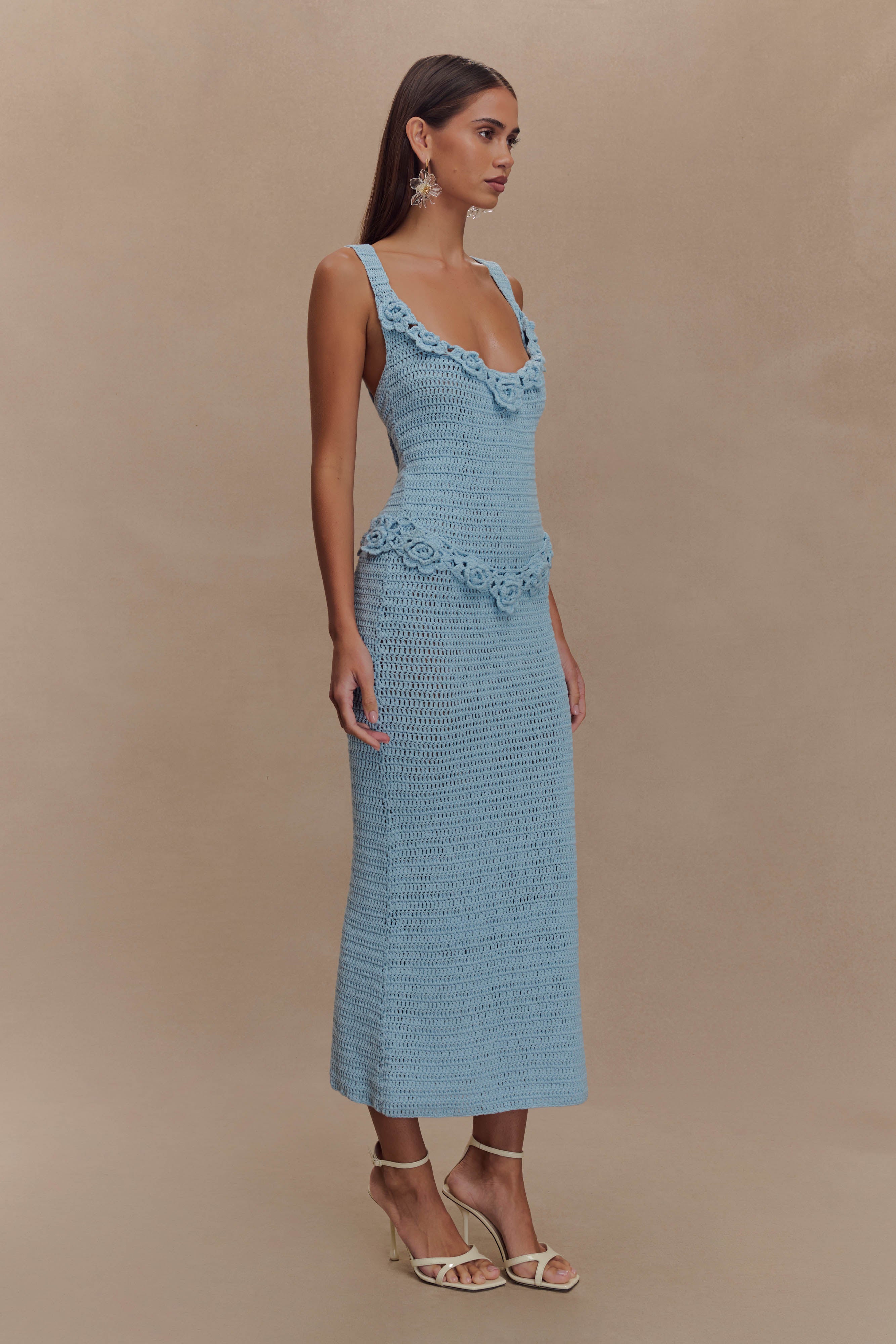 Teagan Floral Hand Crochet Midi Dress - Blue Boho Summer Dress for Women | Perfect for Beach Vacations, Garden Parties & Date Nights